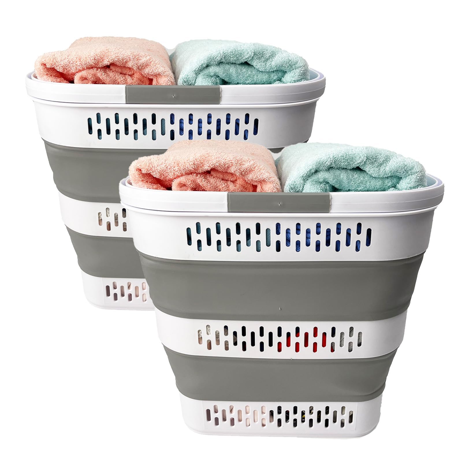 SAMMART 38L Faltbarer Wäschekorb - Faltbarer Pop-Up-Aufbewahrungsbehälter/Organizer - Tragbarer platzsparender Wäschekorb, Maße 44,6x33,8x40cm/9,6cm aufgeklappt/gefaltet (2, White/Grey)