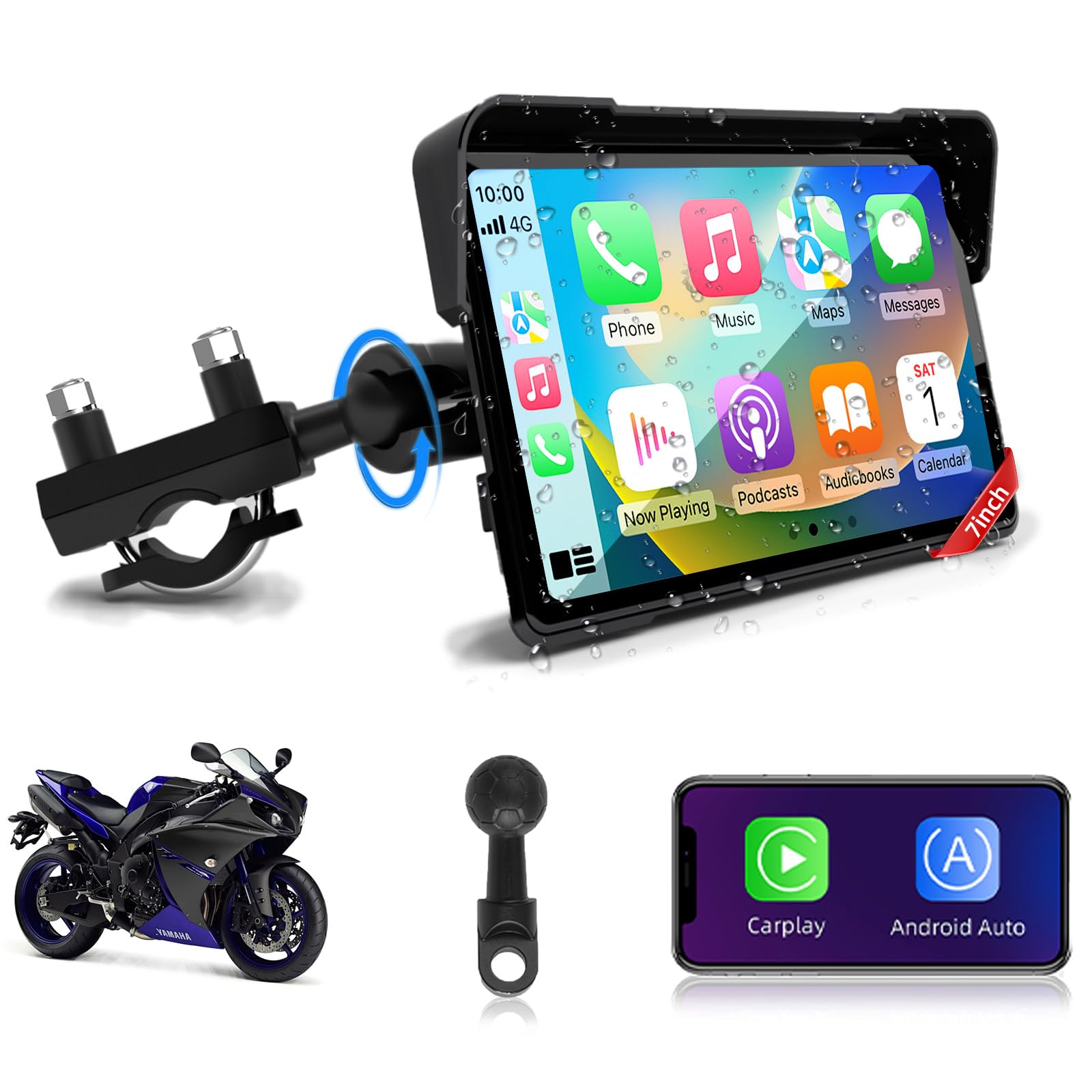 Jansite 7 Pulgadas Carplay Moto Android Auto GPS Moto Navegador con Doble Bluetooth Impermeable IP67 Tarjeta Carplay para Moto Siri/Google/Navi