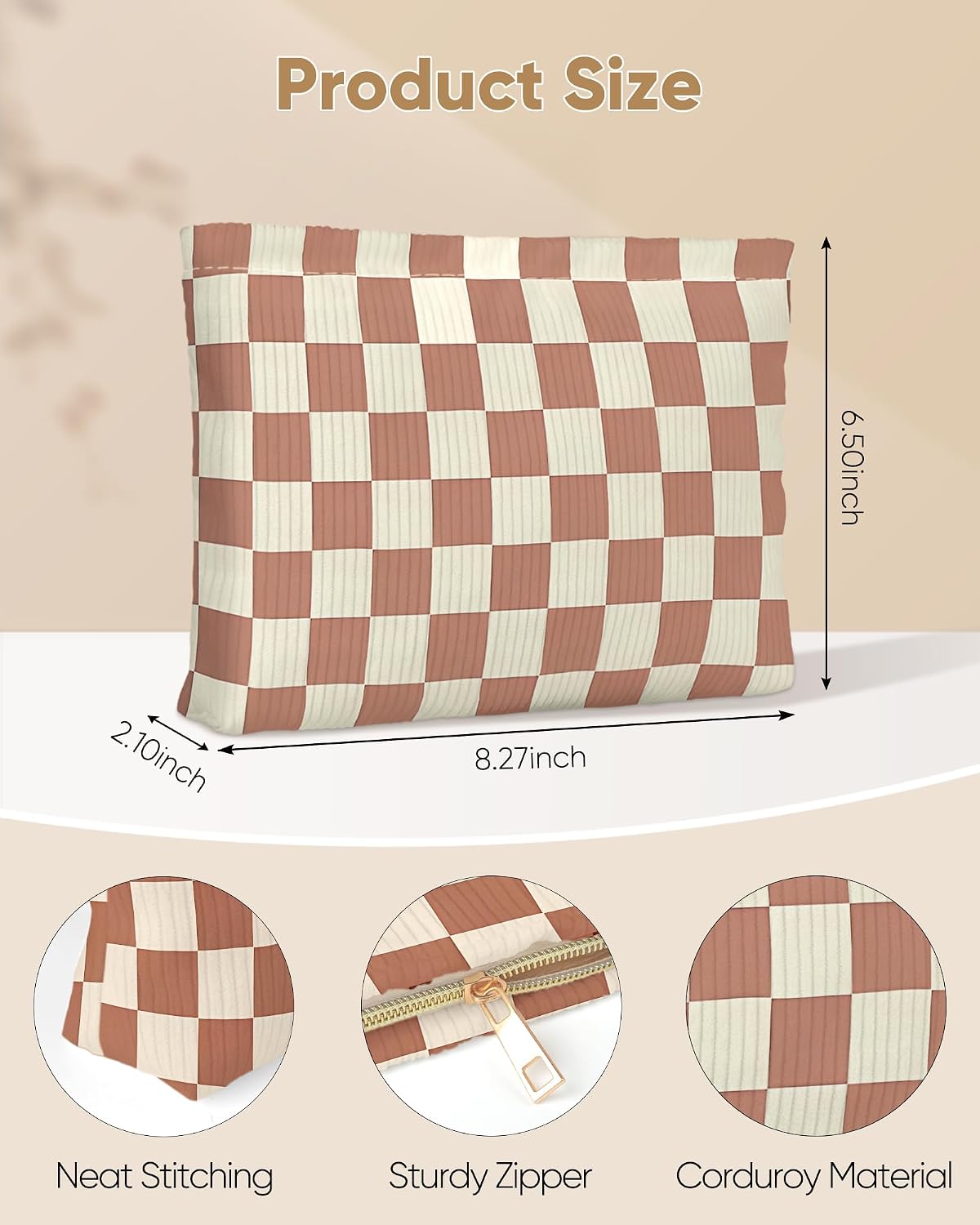 Cute Checkered Makeup Pouch for Women Small Make Up Bag for Zipper Initial Coquette Makeup Cosmetic Bags Pouches for Purse Aesthetic Travel Toiletry, Khaki Brown image 2