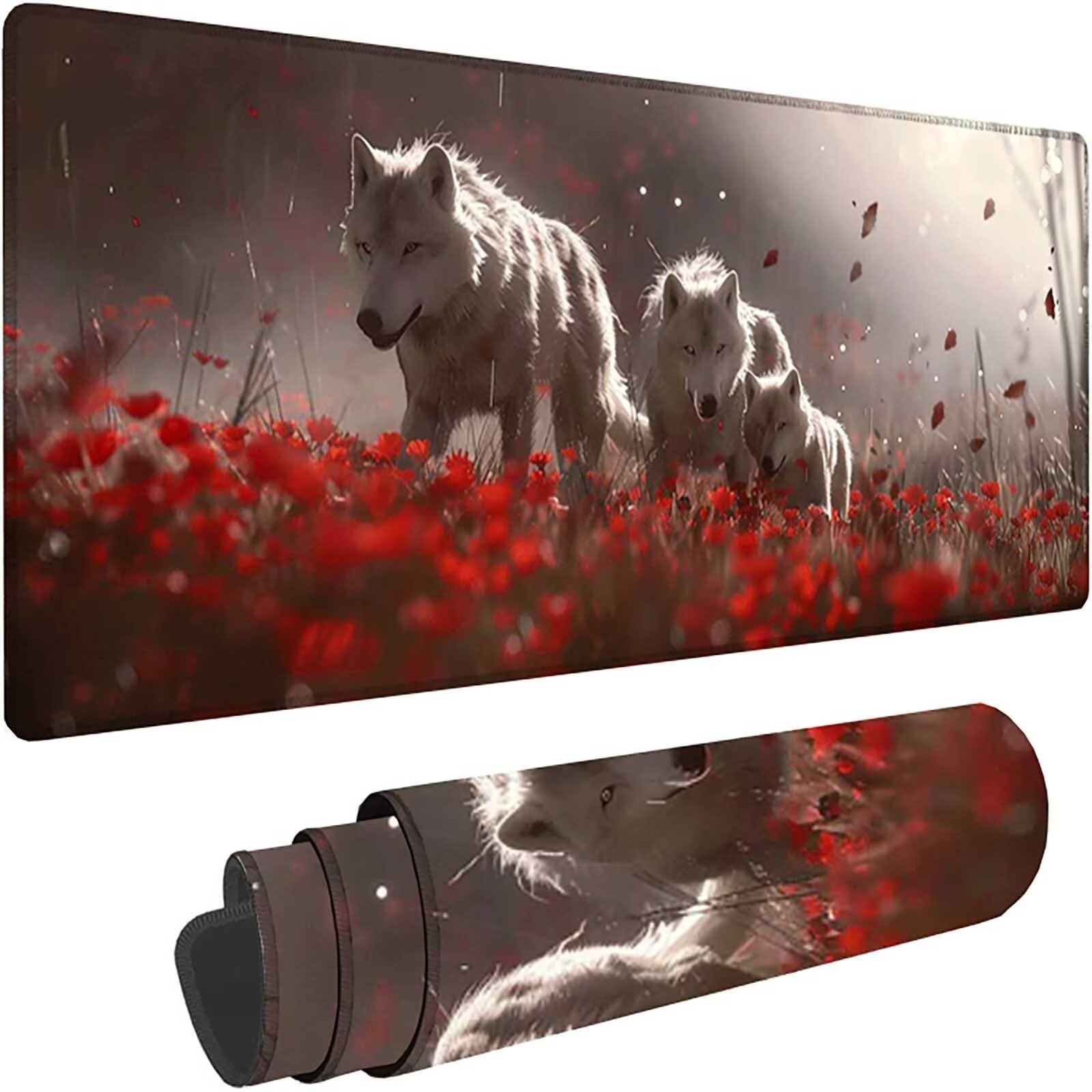 Szara podkładka pod mysz do gier XXL 1600 x 800 x 3 mm duża podkładka pod mysz XXL podkładka pod mysz z wilkiem do klawiatury i biura, wysoka precyzja i prędkość, antypoślizgowa guma dla graczy