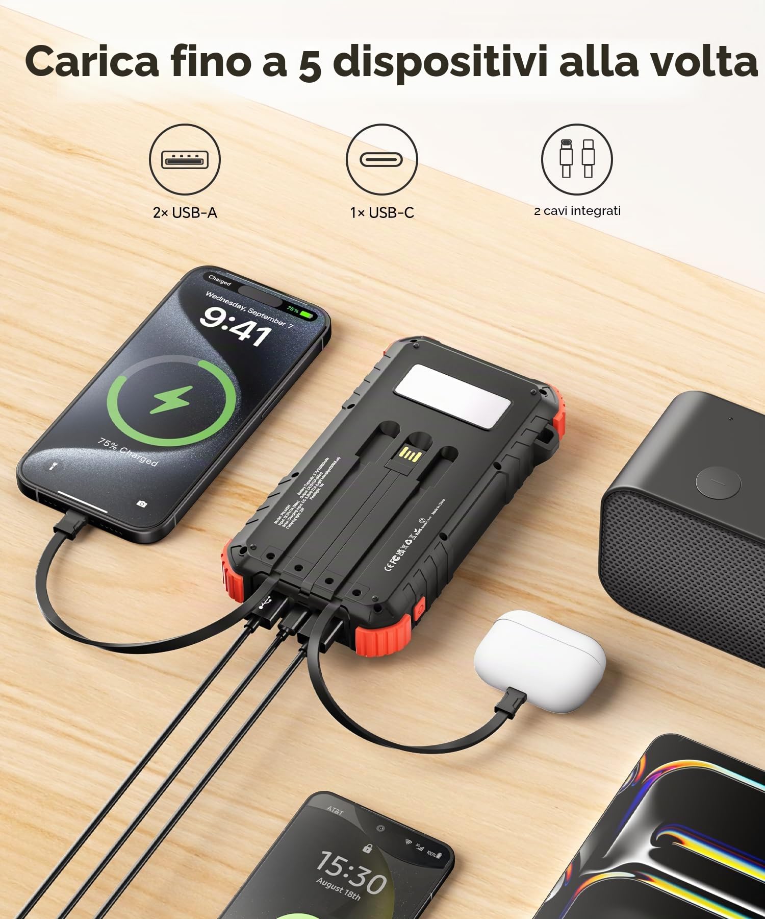 Power Bank Solare da 26800 mAh, Power Bank USB C PD15W con 3 cavi, 5 Uscite 3 Ingressi, Caricabatterie Solare Impermeabile con Due Torce e Moschettone per il Campeggio
