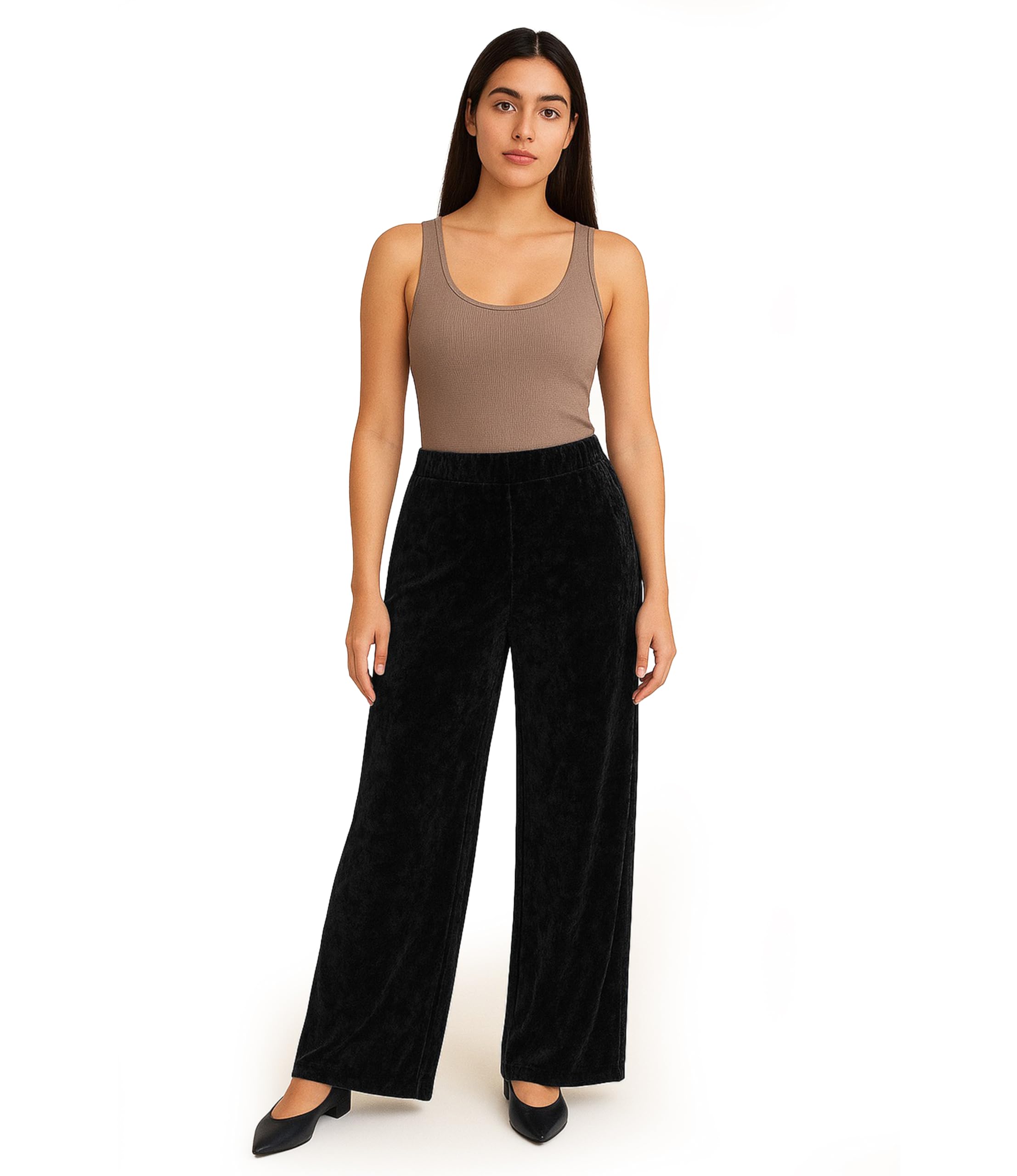 Ploutos World Wide Women's Black Plus Size Velour Velvet Wide Flared Leg Pocket Elasticated Waist Pants Palazzo Trousers (16-18, )