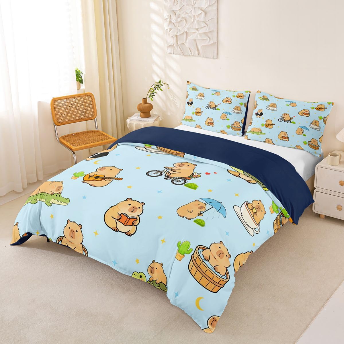 Homewish Set di biancheria da letto con copripiumino per bambini e ragazzi, motivo con stelle e simpatici porcellini d'India, per amanti dei Capybara
