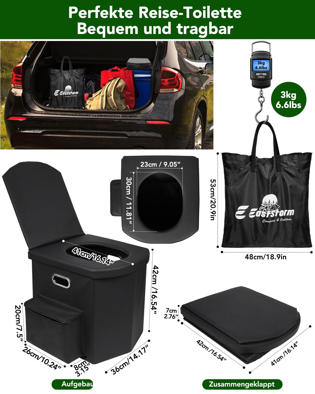 E EASTSTORM Faltbare Campingtoilette, 42 cm Sitzhöhe wie daheim, Notfall toilett für Erwachsene & Kinder, Garten,Angeln,Zelt, Schlafzimmer, Roadtrips, Strand