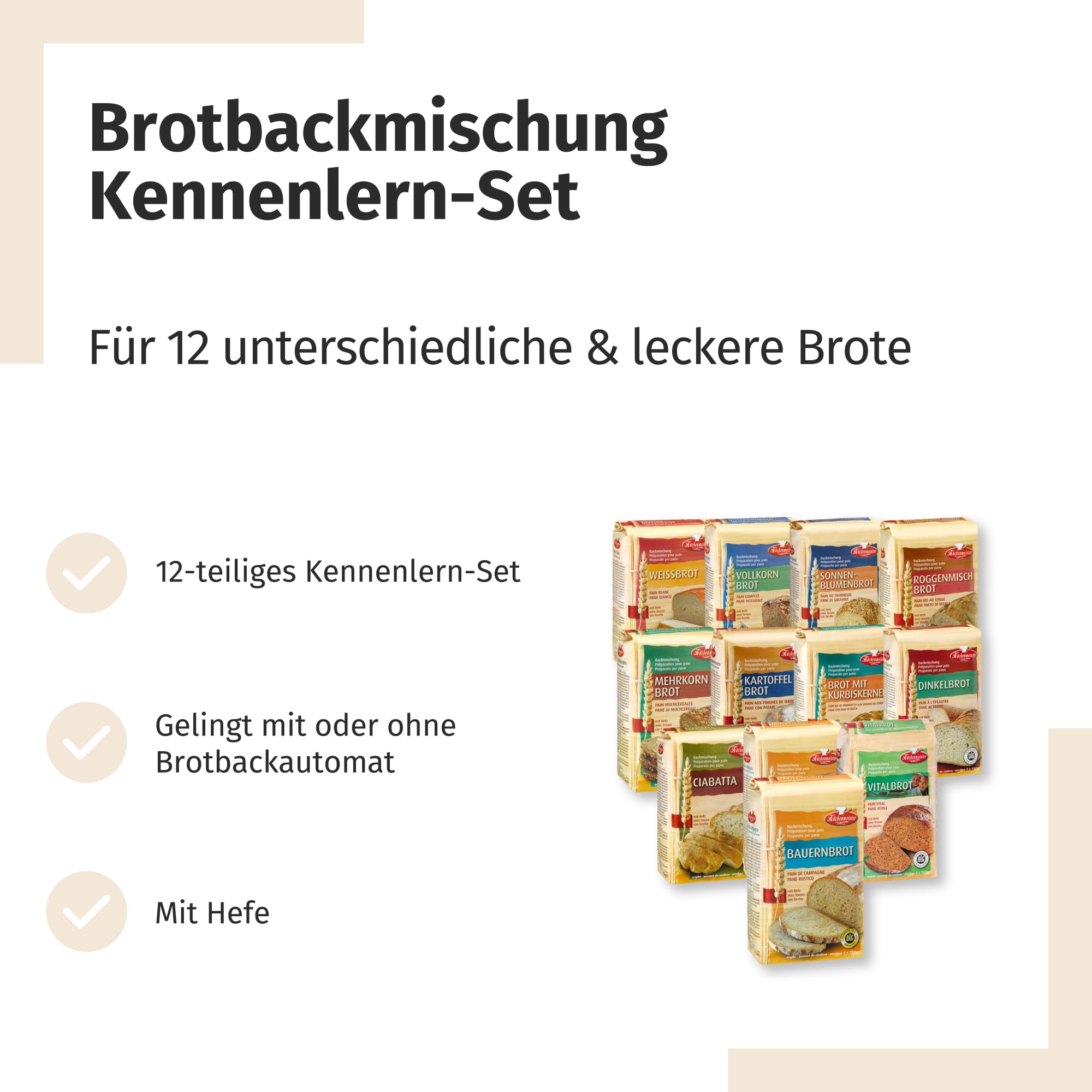 BIELMEIER KÜCHENMEISTER Brotbackmischung Kennenlernset 12 x 1000 g für Brotbackautomat & Ofen