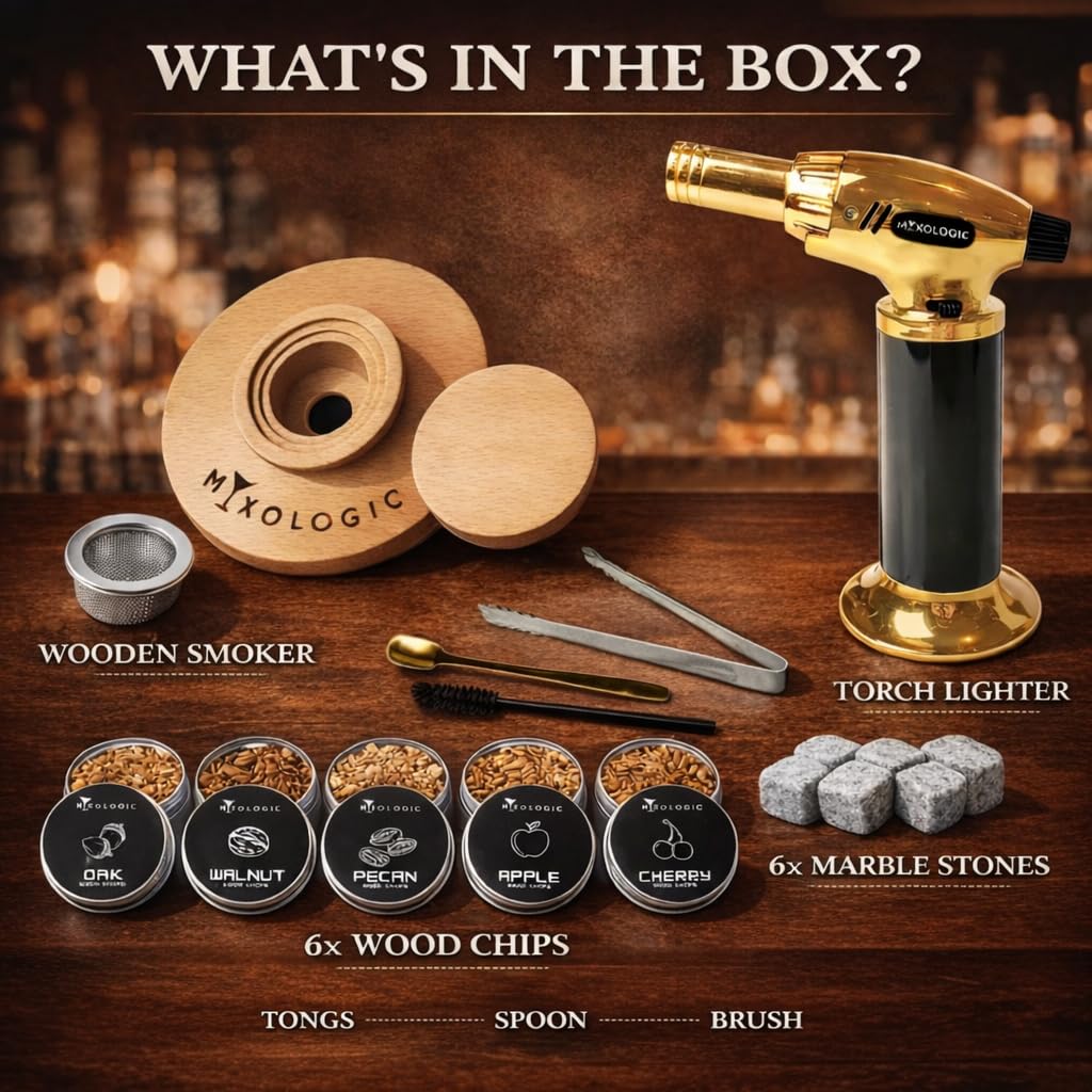 MIXOLOGIC Kit fumoir à whisky avec lampe de poche, 6 copeaux de bois, pierres de glace et accessoires, ensemble de whisky à l'ancienne, fumoir à cocktail pour boissons, infuseur à bourbon, cadeau pour