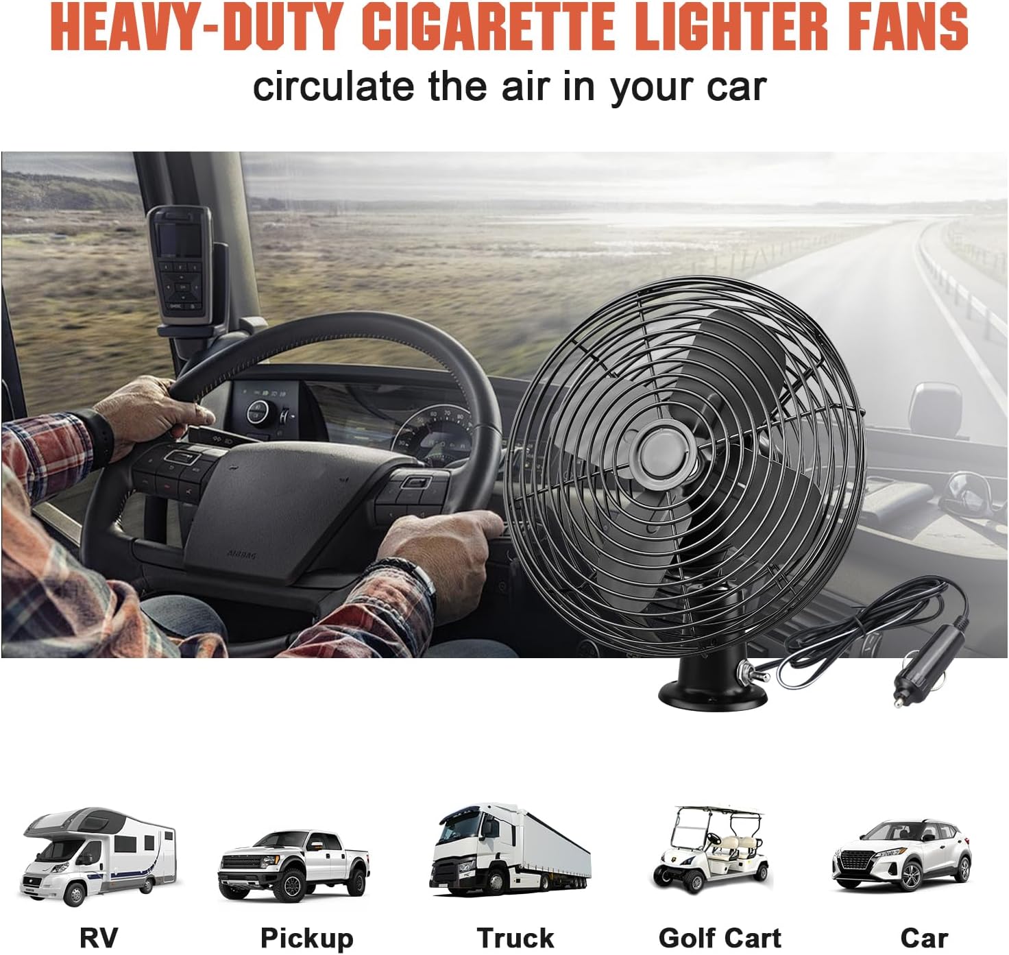 12V Fan RV|Truck Cooling Heavy Duty 8" Metal Car Fan Bus|Boat|Forklift|Car|Camper|Lawn|Mower|Tractor 2-Speed Black