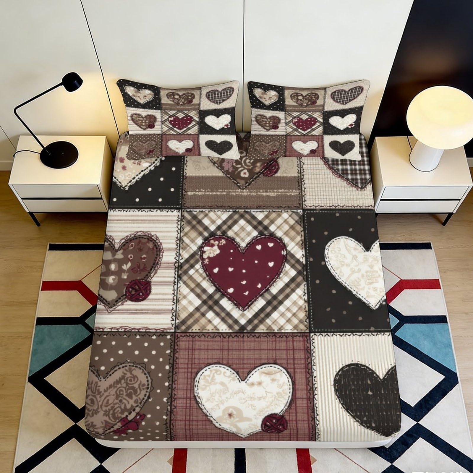 3D Printed Patchwork Hearts Fitted Sheet Microfiber Soft Durable Brown Beige Bed Cover for Bedroom Dormitory Guest Room Mattress Protection 120x200x25cm