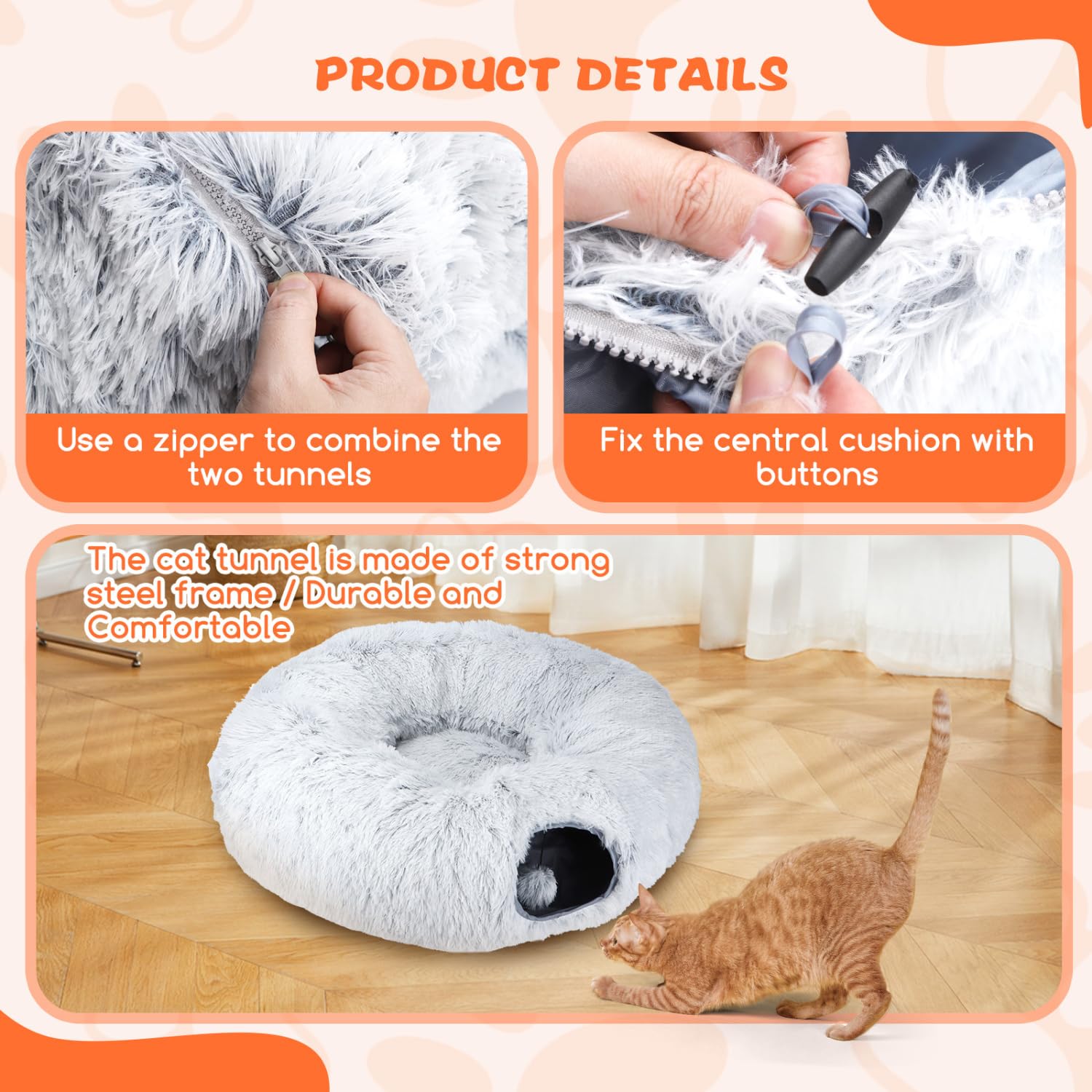 Nobleza Túnel para Gato de Peluche, 2 en 1 Cama Tunel para Gatos con Cojín Extraíble, Tunel Plegable para Mascotas con 2 Agujeros y Bolas Juguetes para Gatos Gatito Conejo Hurones
