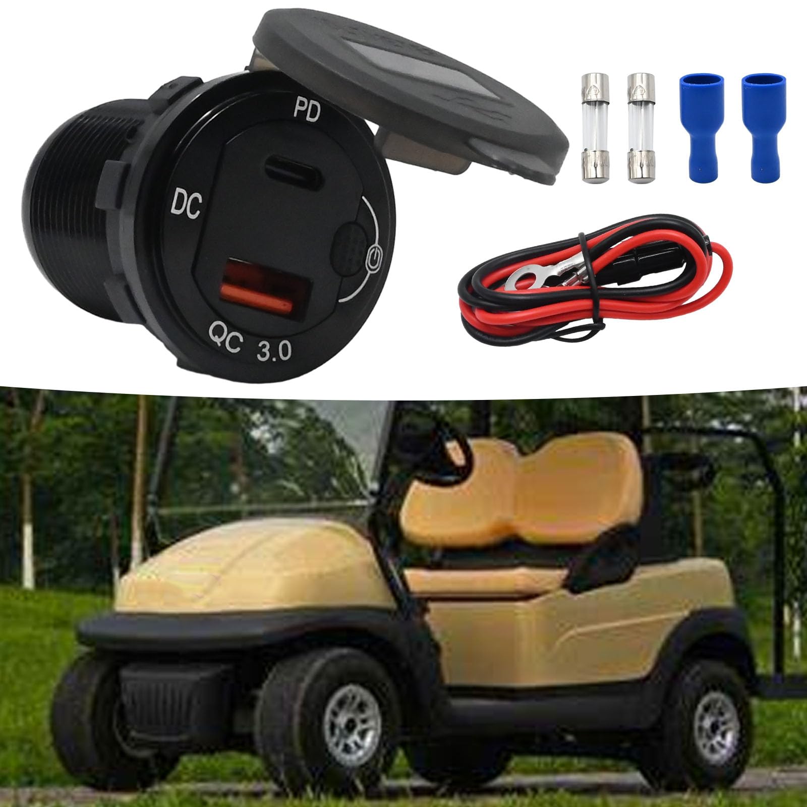 UOIENRT 83 W USB-C-Autoladegerät, 18 W QC3.0 und 65 W USB-C-Anschluss, 12 V Steckdose mit Knopfschalter, intelligentes Voltmeter für Auto, Golfwagen, Marine