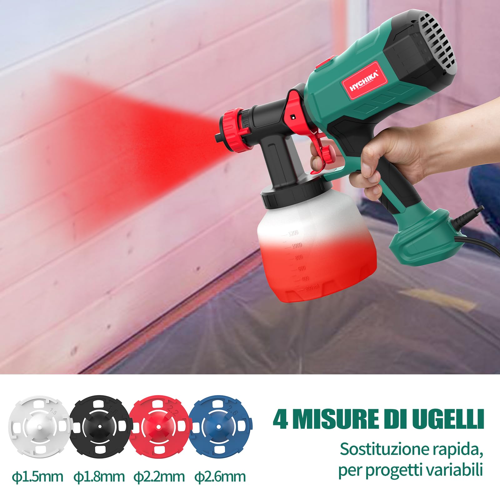 HYCHIKA Pistola per Verniciare, 600W HVLP Pistola a Spruzzo per Verniciare, Serbatoio da 1200ML 4 Ugelli e 2 Strumenti di Pulizia, Spruzzatore di Vernice a 3 Modelli per Pareti e Soffitti, Recinzione