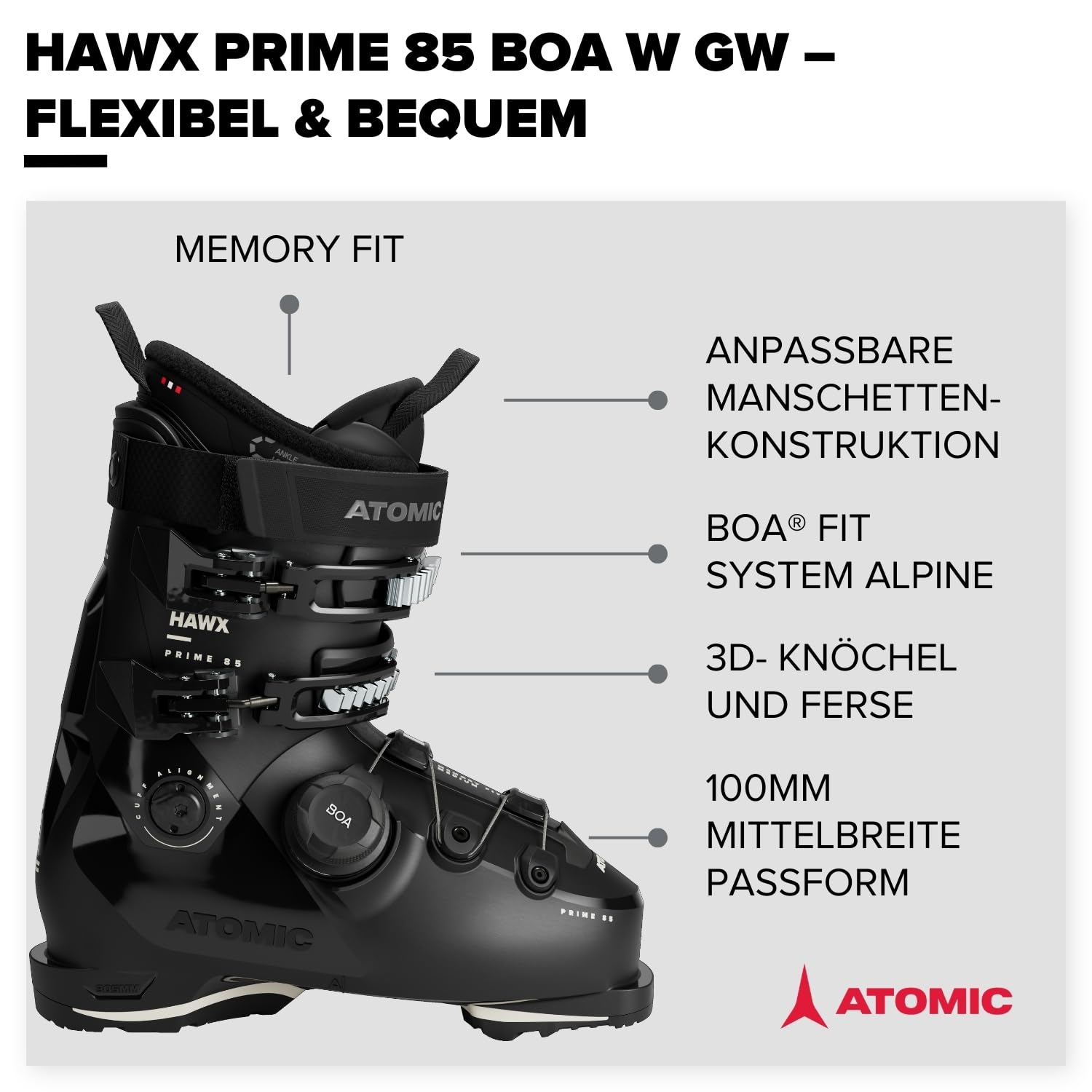 ATOMIC HAWX Prime 85 BOA W Skischuhe - Mittelbreite Ski-Boots mit 100 mm Passform & 85er-Flex - Hochwertige Ski-Schuhe mit präzisem BOA® Fit System