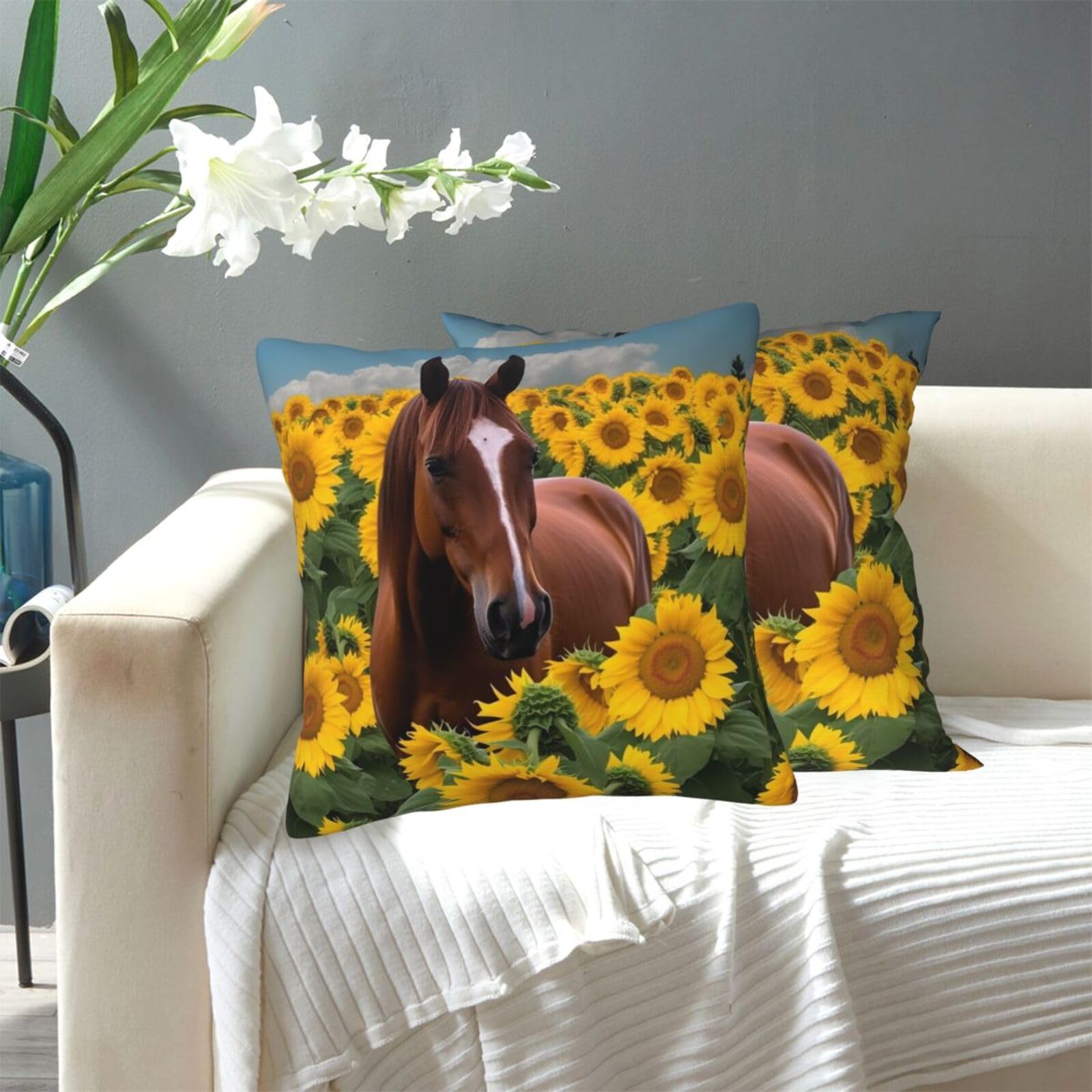 FekiLoot Decorative Throw Pillow Covers Modern Farmhouse Pillowcase Double Sided Cozy Cushion Cover for Sofa Couch Bed 20"X20" Horse and Sunflower