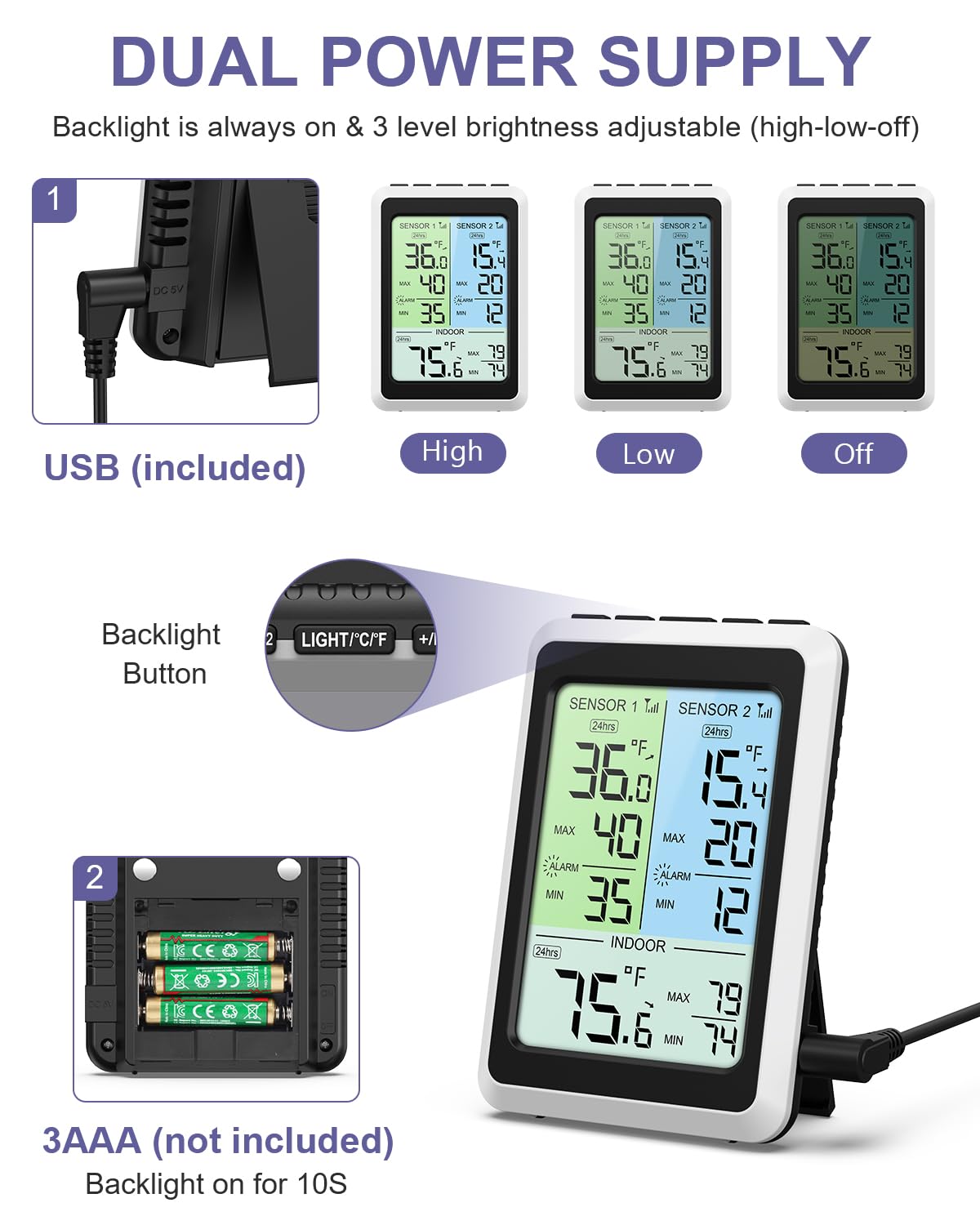 Termometro per frigorifero con allarme, 11,4 cm, wireless, con retroilluminazione a 2 livelli, 2 sensori, termometri digitali per congelatore con registrazioni max/min, per casa, ristoranti