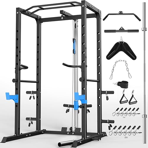 Power Cage, Multi-Functional Power Rack with J-Hooks, Dip Handles, Landmine Attachment and Optional Cable Pulley System for Home Gym