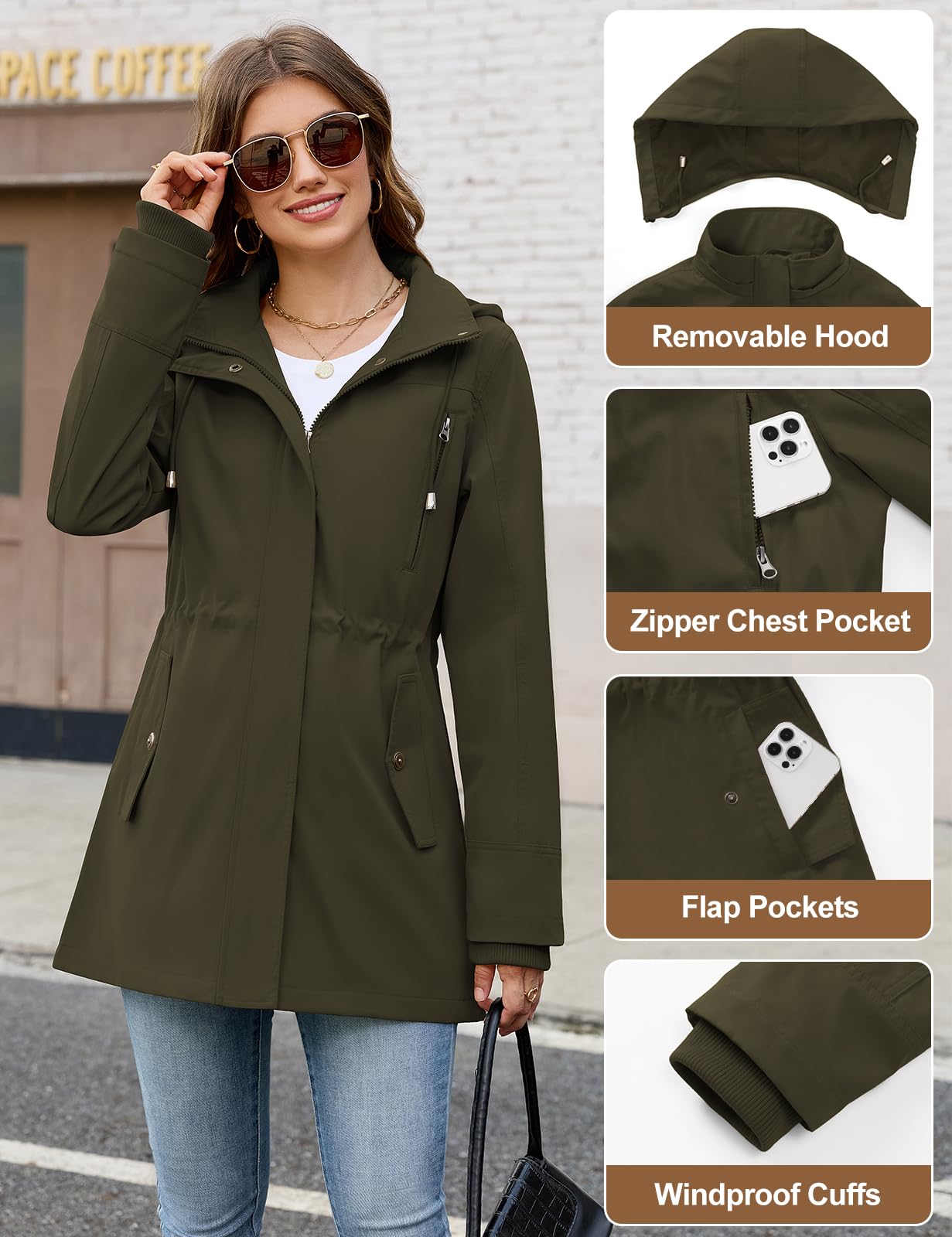 Tuopuda Chaqueta de Mujer Ligero Primavera Otoño Entretiempo Cazadora Casual Chaqueta Cintura Alta Cordón Abrigos con Capucha y Bolsillos