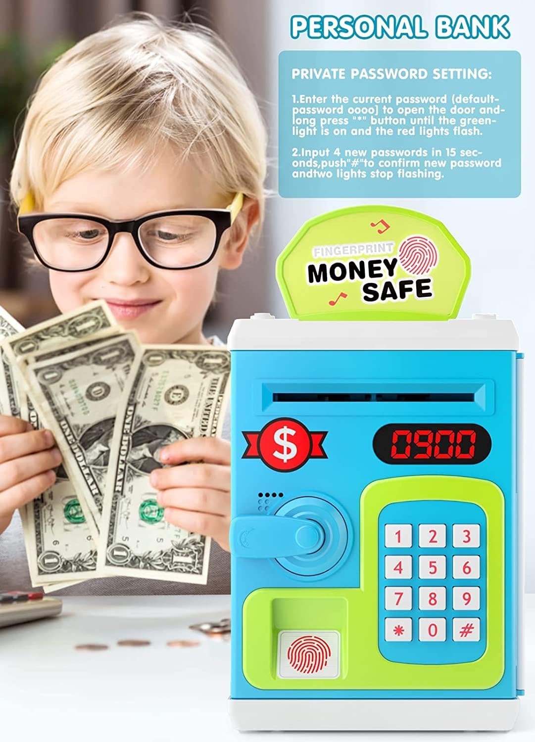 Kidoyz Electronic Money Safe Piggy Bank, Password Protected with Touch Sensor, ATM Toy with Lights and Sound, Blue and White - Color As Per Stock 3