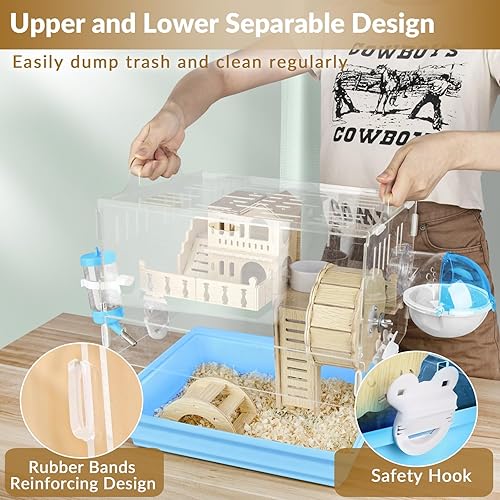 Miniatura 5 de Cycodo Jaulas y hábitats acrílicos 8 en 1, jaula de hámster enano, jaula de madera para animales pequeños con accesorios y juguetes, casa pequeña