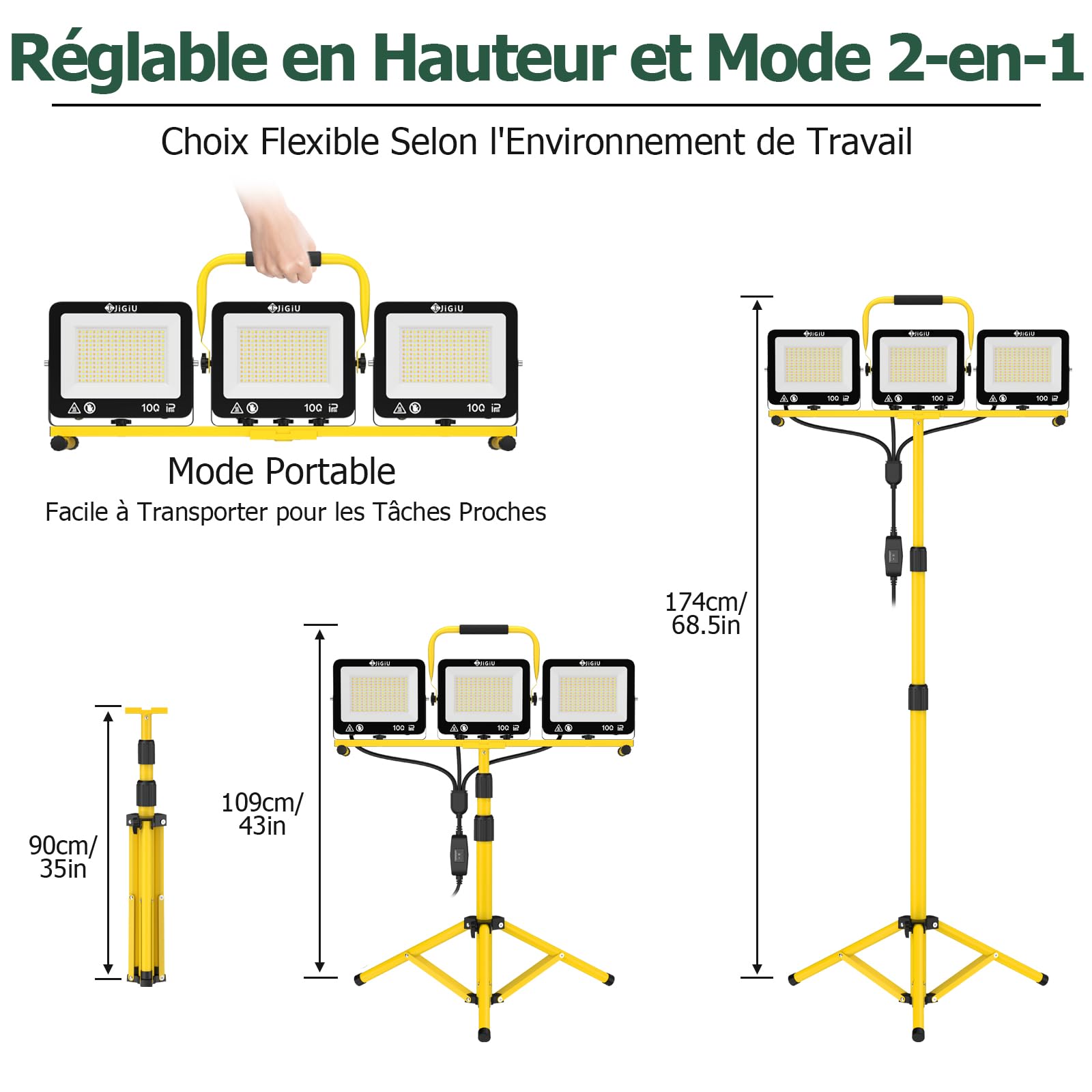 JiGiU Projecteur de Chantier LED 100W, avec 3 Températures de Couleur