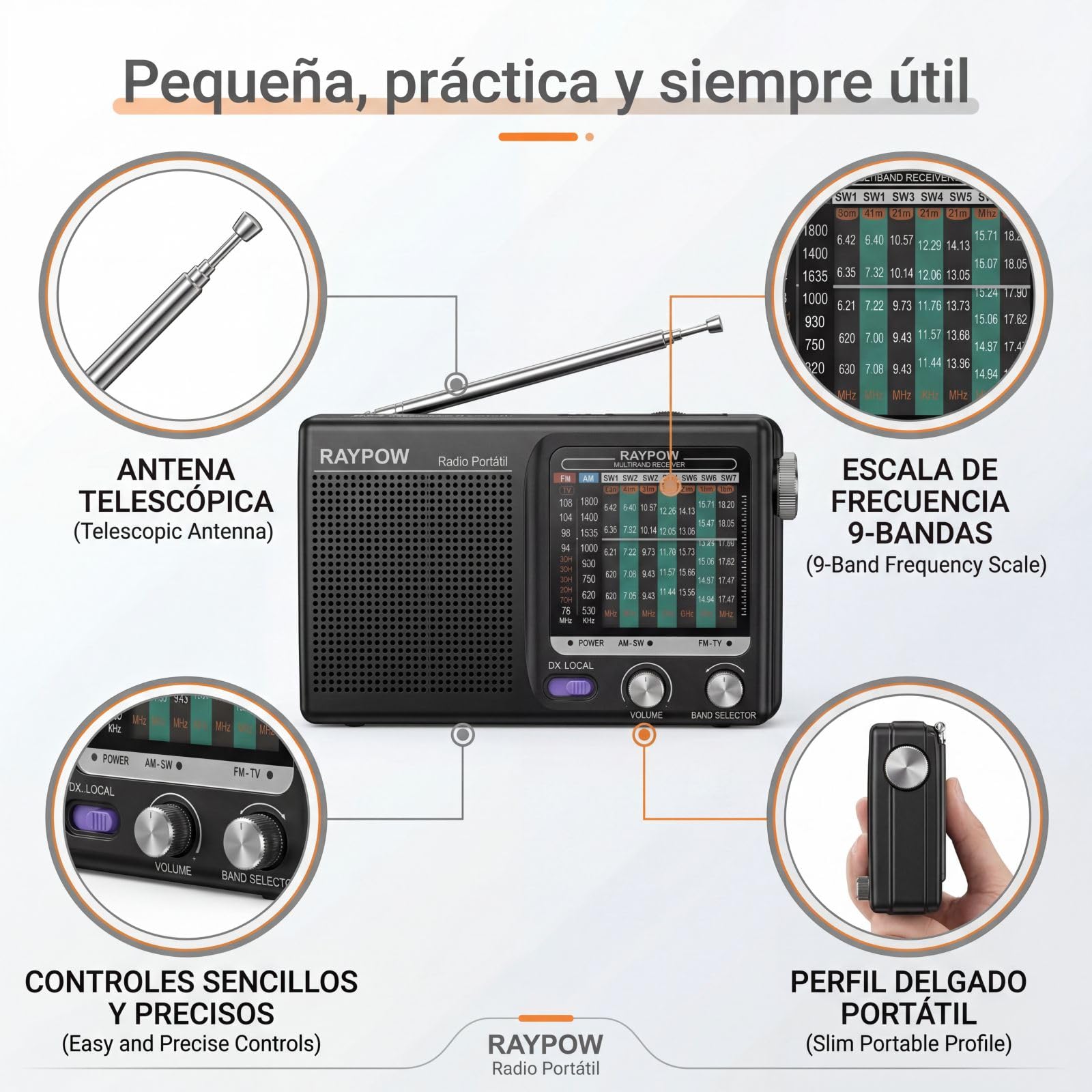 Tragbares Radio, 9-Band-FM-/AM-/SW1~SW7-Transistorradio, tragbare Tasche, funktioniert mit 2 AA-Batterien, kleines FM-Radio, starker Lautsprecher, drinnen und draußen, Schwarz