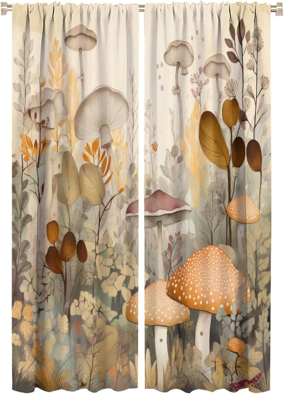 Mushroom Blackout Curtains, Retro Cartoon Ink Style Forest Colorful Mushrooms Pattern Home Decor Window Rod Pocket Curtains for Bedroom Living Room Kitchen Nursery Decor 52x84in