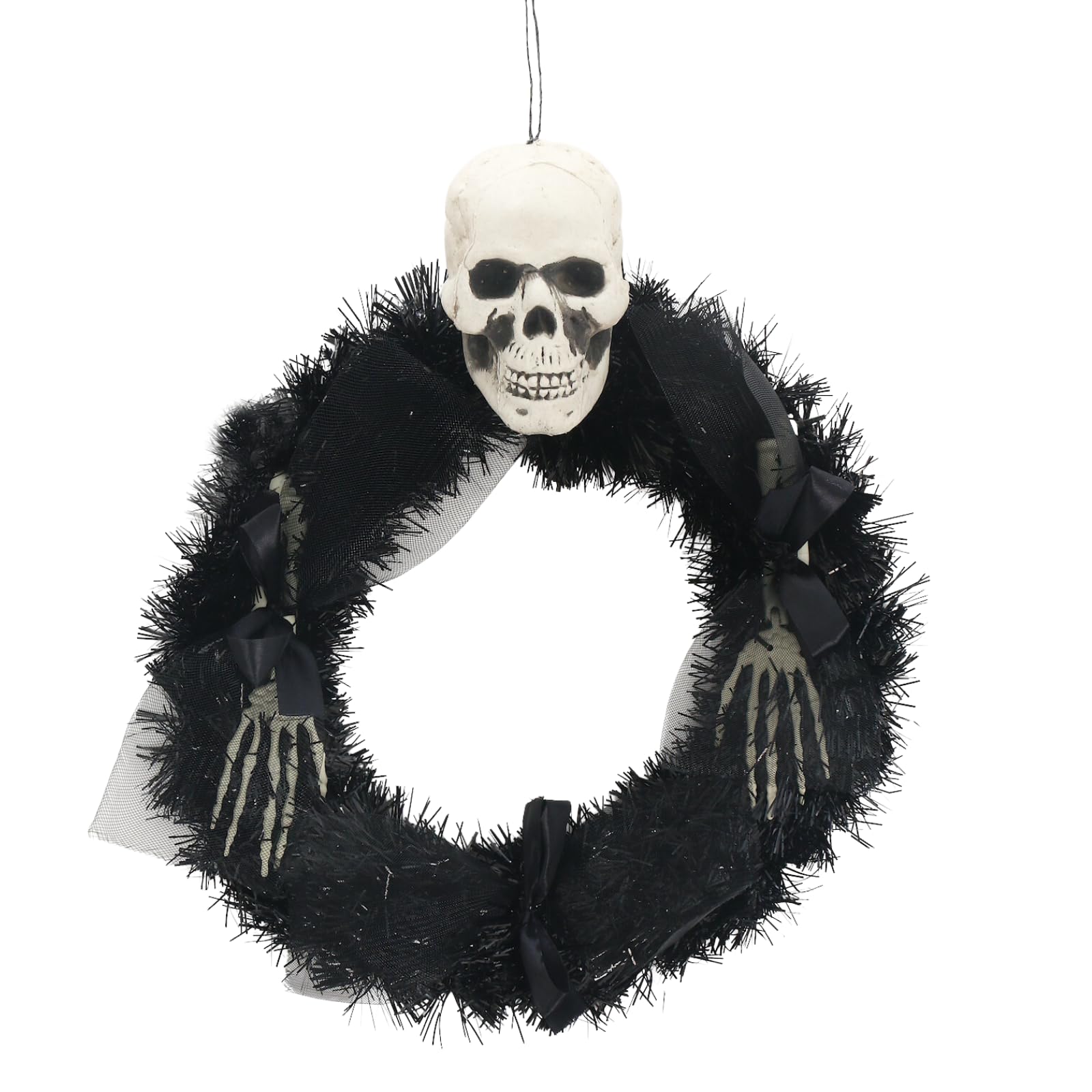 Cackle & Co Black Skeleton Halloween Wreath Skull Hands Bones Bows Tulle Net 45Cm