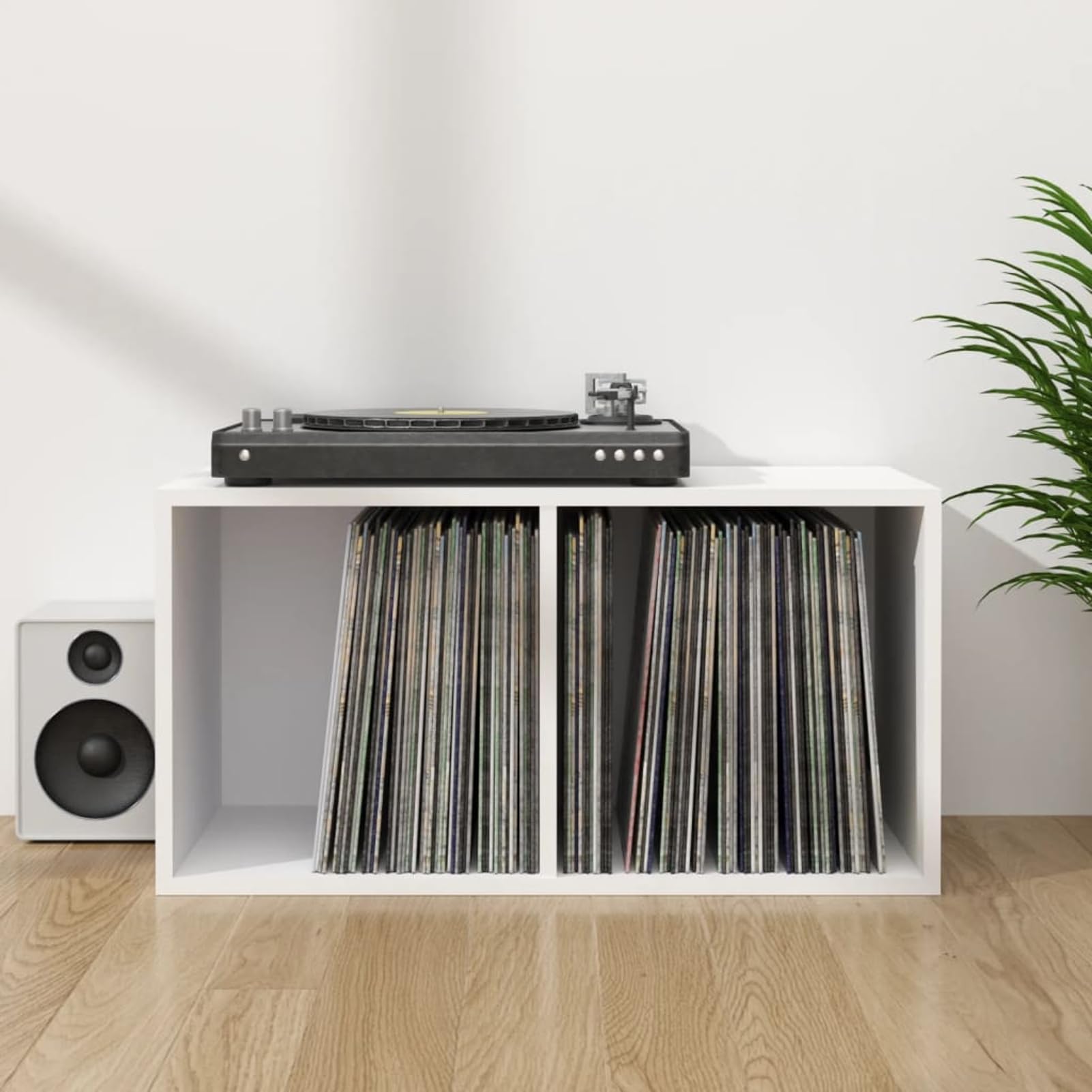 Schallplatten-Aufbewahrungsbox, LP-Vitrine aus Holz mit 2 Fächern, weißes Holzregal für Musiksammlung und Büroorganisation