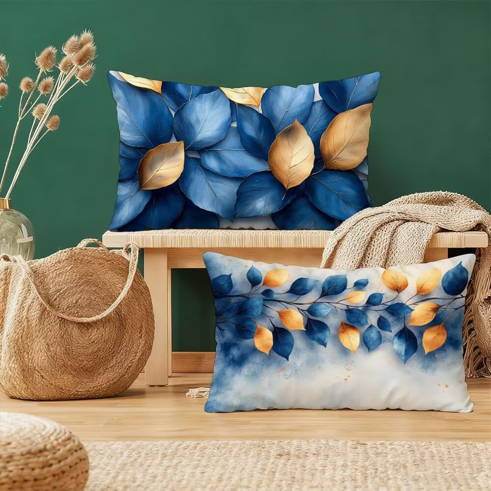 Taie d'oreiller 50x70 cm bleu motif feuille en velours double face chic