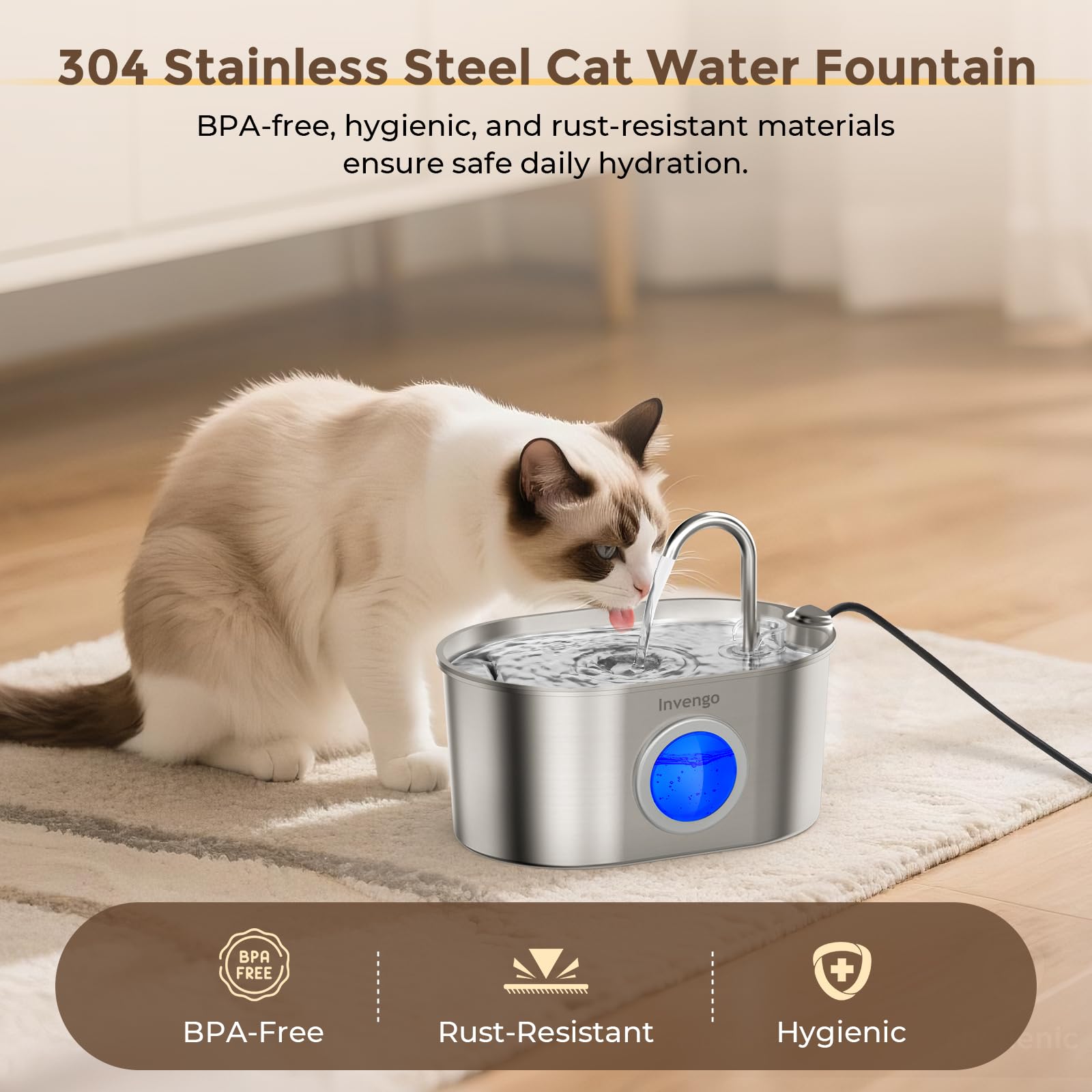 Invengo MeowFlow B30 Cat Water Fountain for Drinking 2.2L Stainless Steel Pet Water Fountain with Visible Water Window - Image 3
