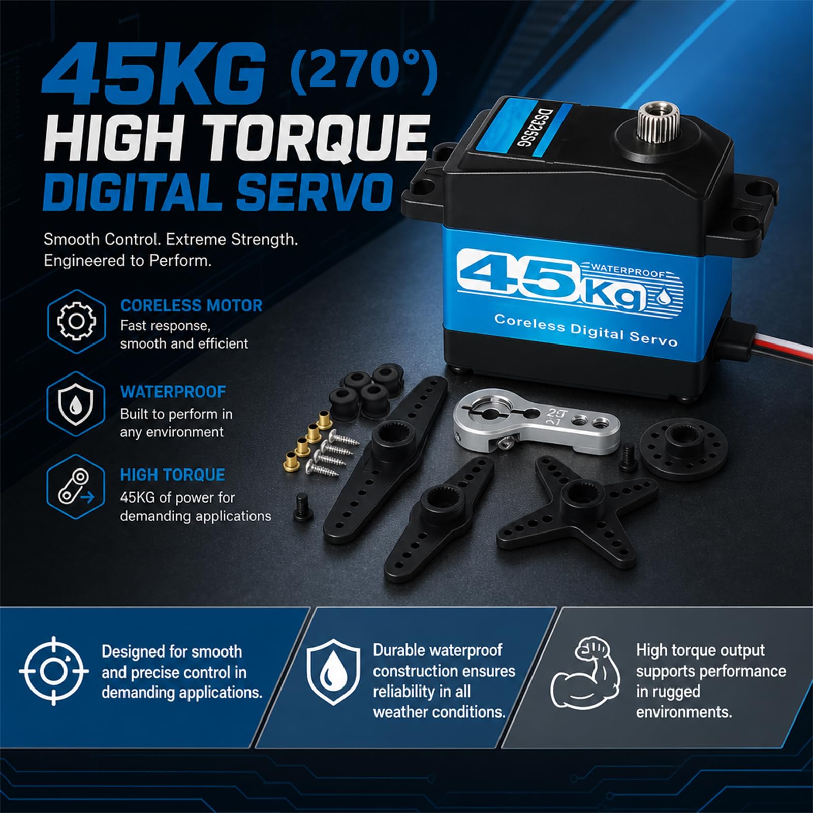 2 confezioni di servomotori per sterzo RC Coreless da 45 kg, 8,4 V, in acciaio inox, a basso profilo, impermeabili, per auto in scala 1/8 1/10 1/12, robotica fai da te, 270 gradi
