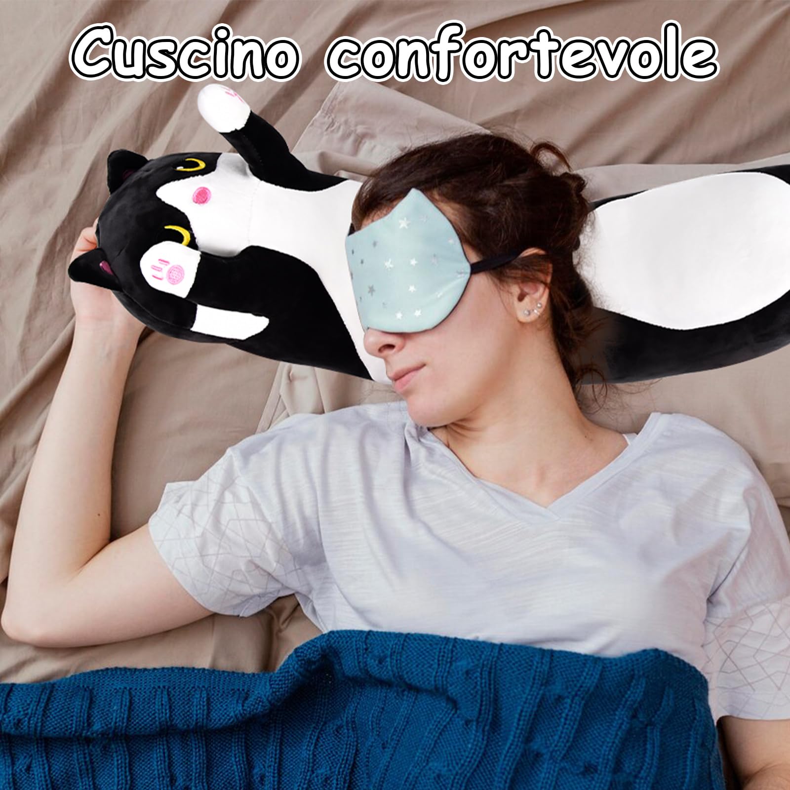 Aragallant Cuscino Gatto Lungo, Peluche Cuscino Lungo, Cuscino Peluche Gatto Morbido adatto ai bambini a partire dai 3 anni, Regali di Natale e compleanno per bambini (Nero, 70CM)