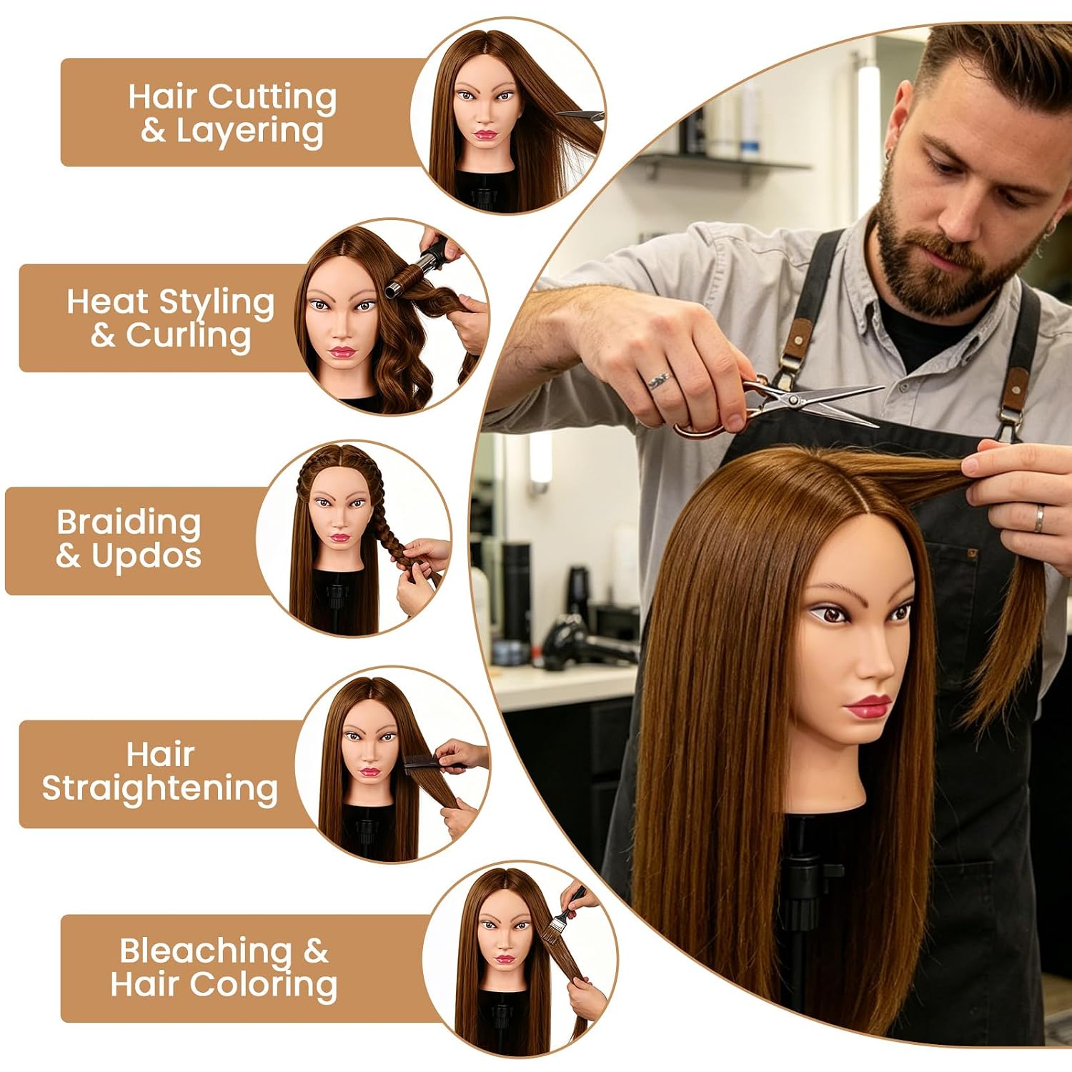 Beauty Star 80% Human Hair Mannequin Head, 26" Caramel Brown Real Hair Training Doll for Cosmetology Hairdressing Practice, with Clamp Holder & Styling Tools image 2
