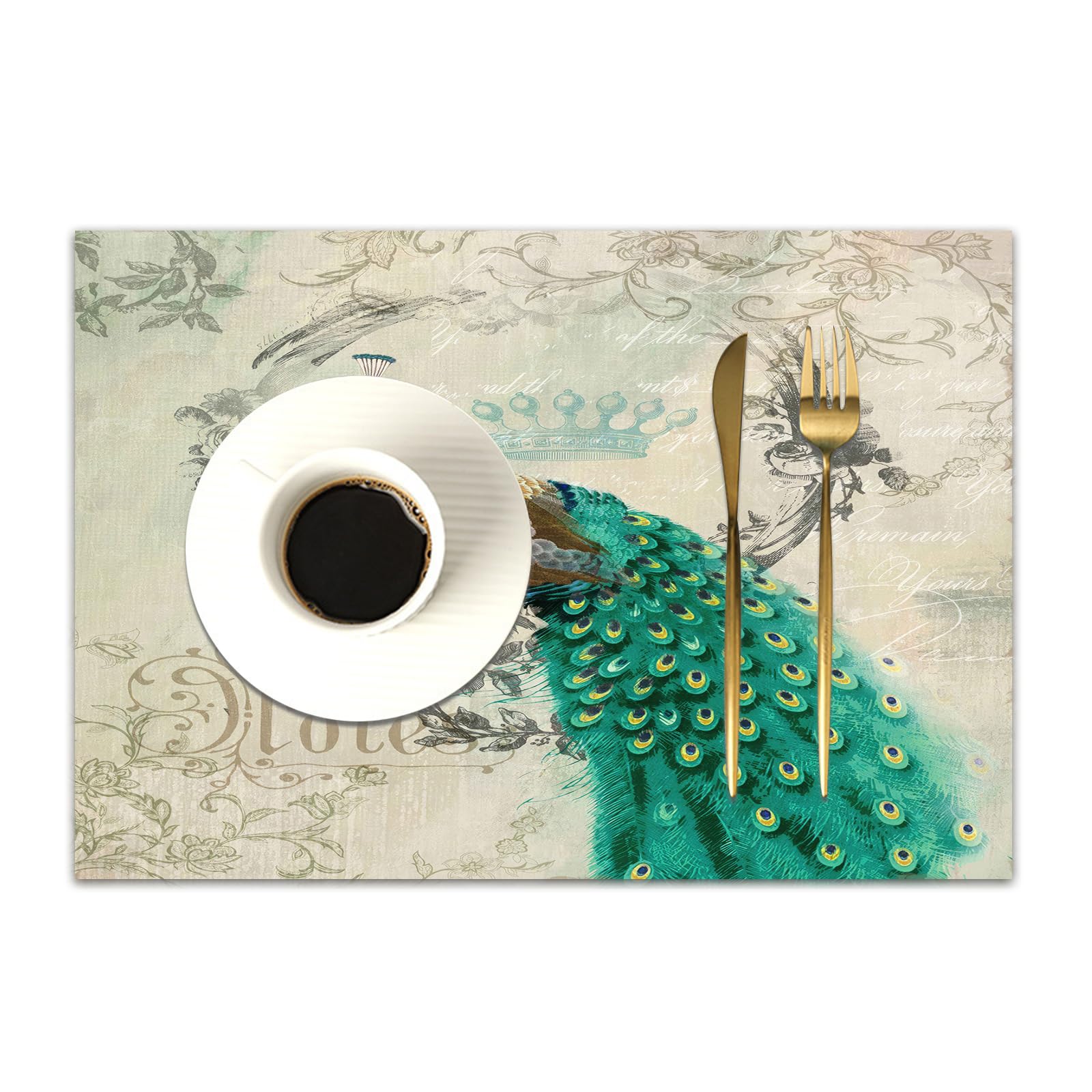 DASNK Table Mats Set of 4 Woven Vinyl Place Mats for Dinner Table Washable & Durable Indoor/Outdoor Use Table Accessories,Bird art, Peacock art, Art,12x18in