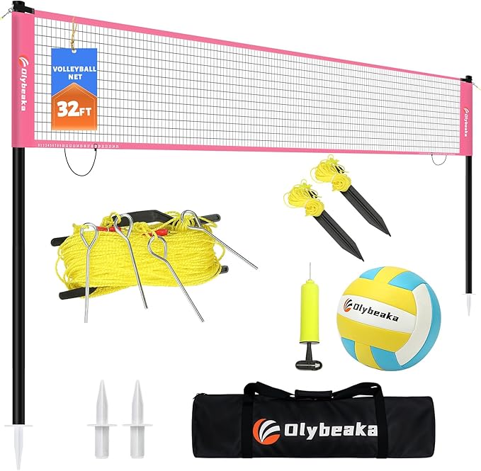 Portable Outdoor Volleyball Net Set for Backyard Beach with Adjustable Poles, Soft PU Volleyball & Pump, Carry Bag and Durable Anti-Sagging Net