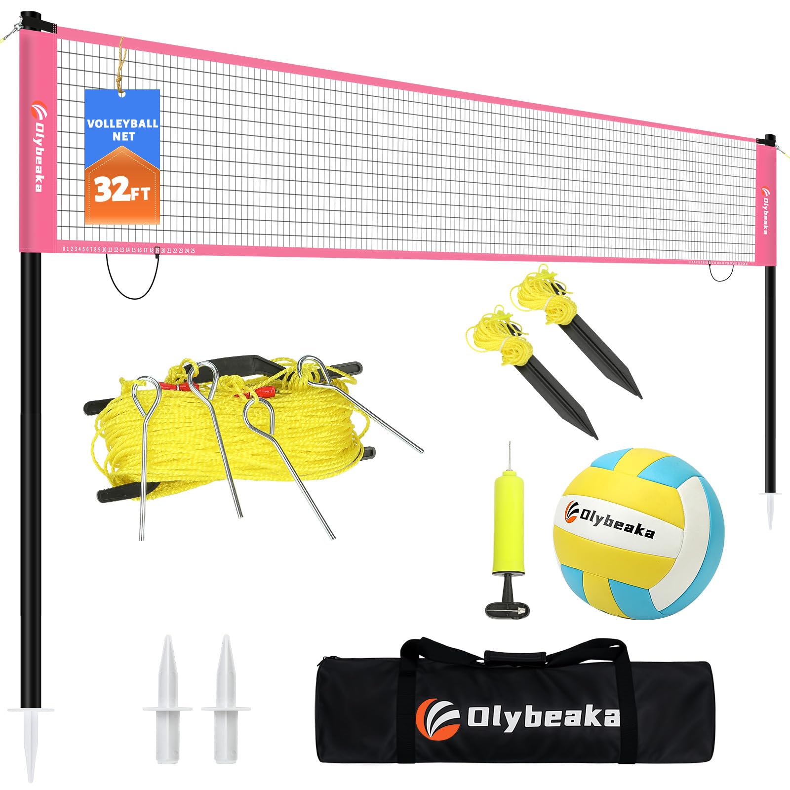 32ft regulation size portable outdoor volleyball net set system for backyard beach with height adjustable poles, pu volleyball and pump, carry bag, boundary line - easy set up & anti-sagging