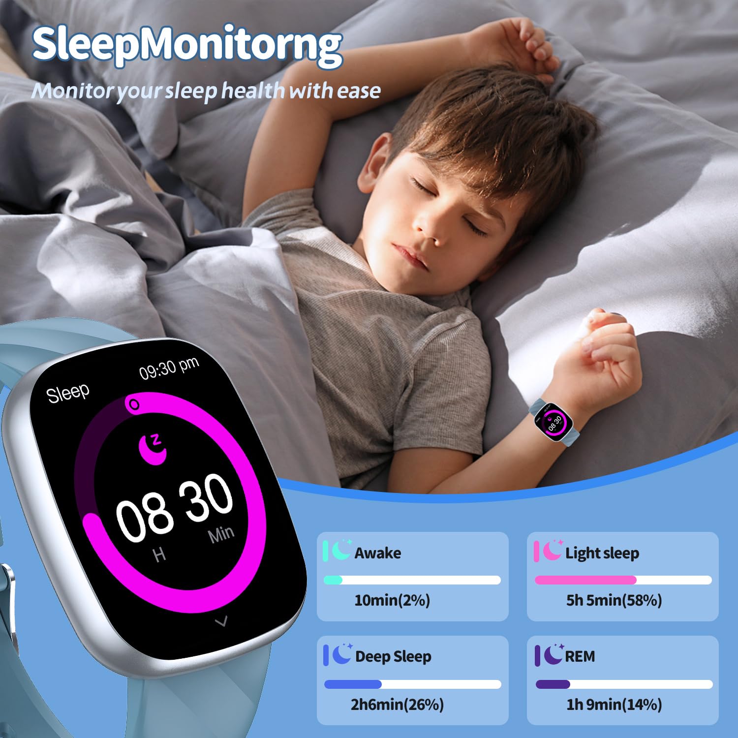Alutoria Smartwatch voor kinderen, sporthorloge voor kinderen, IP68 waterdicht, 100 sportmodi, berichten, fitnesstracker voor jongens en meisjes, lichtpaars