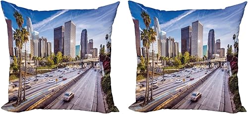 Miniatura 1 de Ambesonne Travel Decorative Throw Pillow Case Pack of 2, Downtown Cityscape of Los Angeles California USA Avenue Buildings Palms Print, Couch