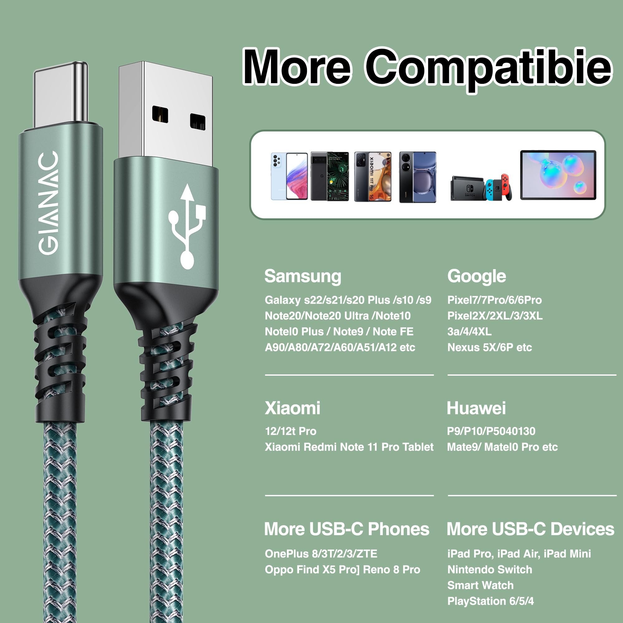 GIANAC Cable USB C Carga Rapida [5M] Cable USB C Largo Cable Carga Rapida Tipo C 3.1A Cargador Tipo C y Sincronización para Galaxy S20/S10/S9, Huawei P40/P30/P20, Redmi Note 9 Pro/9/8 etc-Verde