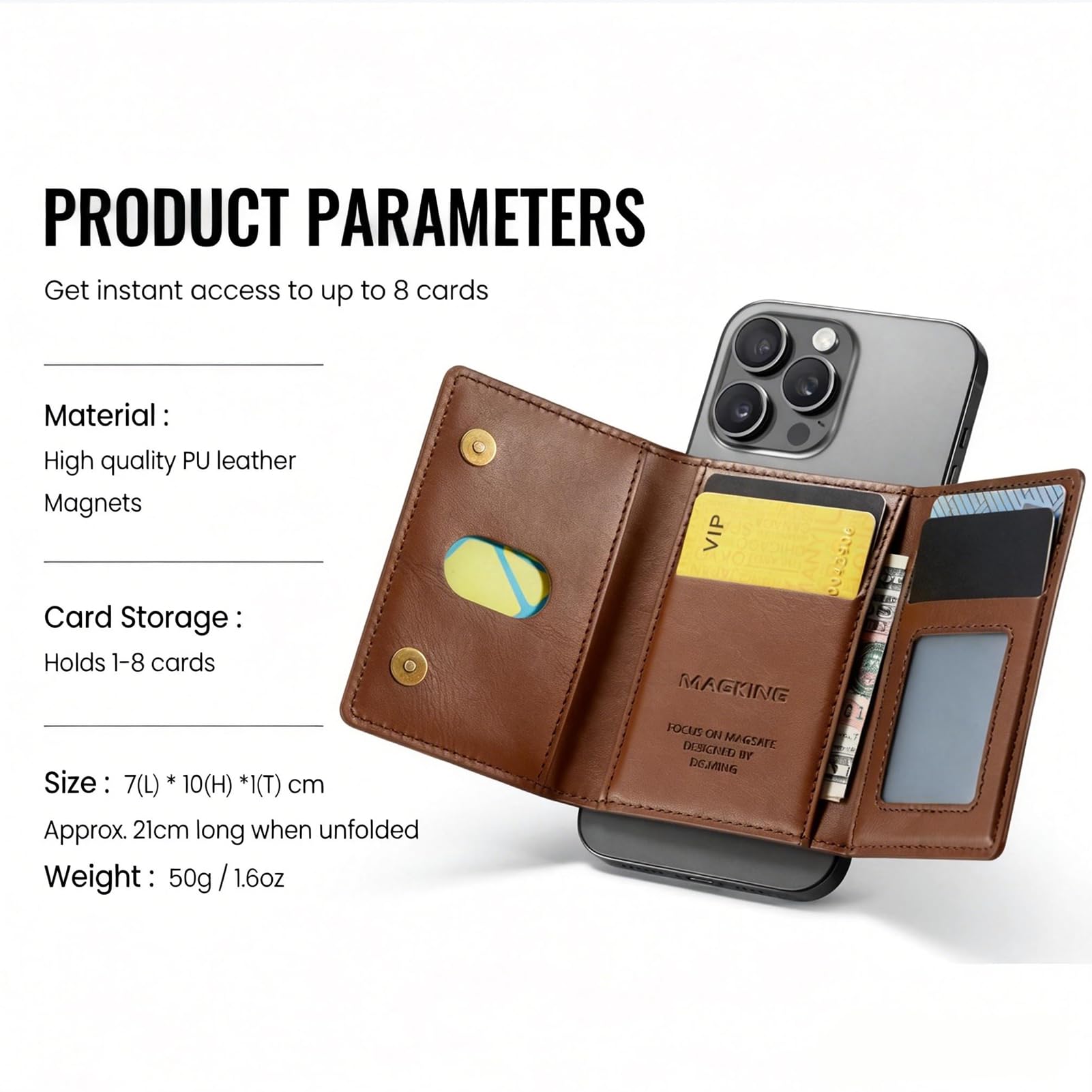 Portefeuille Cuir PU RFID 8 Cartes pour iPhone 17/16/15/14/13/12 Marron