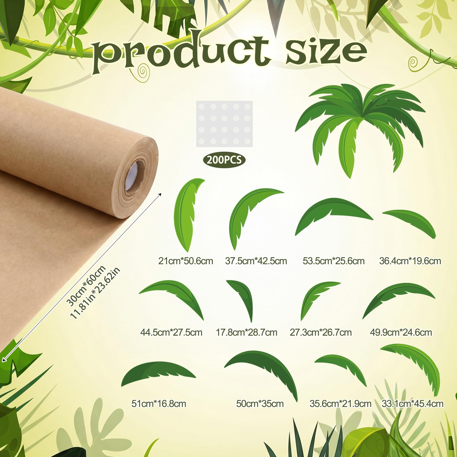 Gersoniel Dschungelthema Klassenzimmer Party Dekorationen Gelenkpalmen Kit 30,5 cm x 0,6 m Kraftpapier 36 mehrere Größen grüne Blätter Pappausschnitt, tropische DIY Kokosnussbaum für Regenwald Safari
