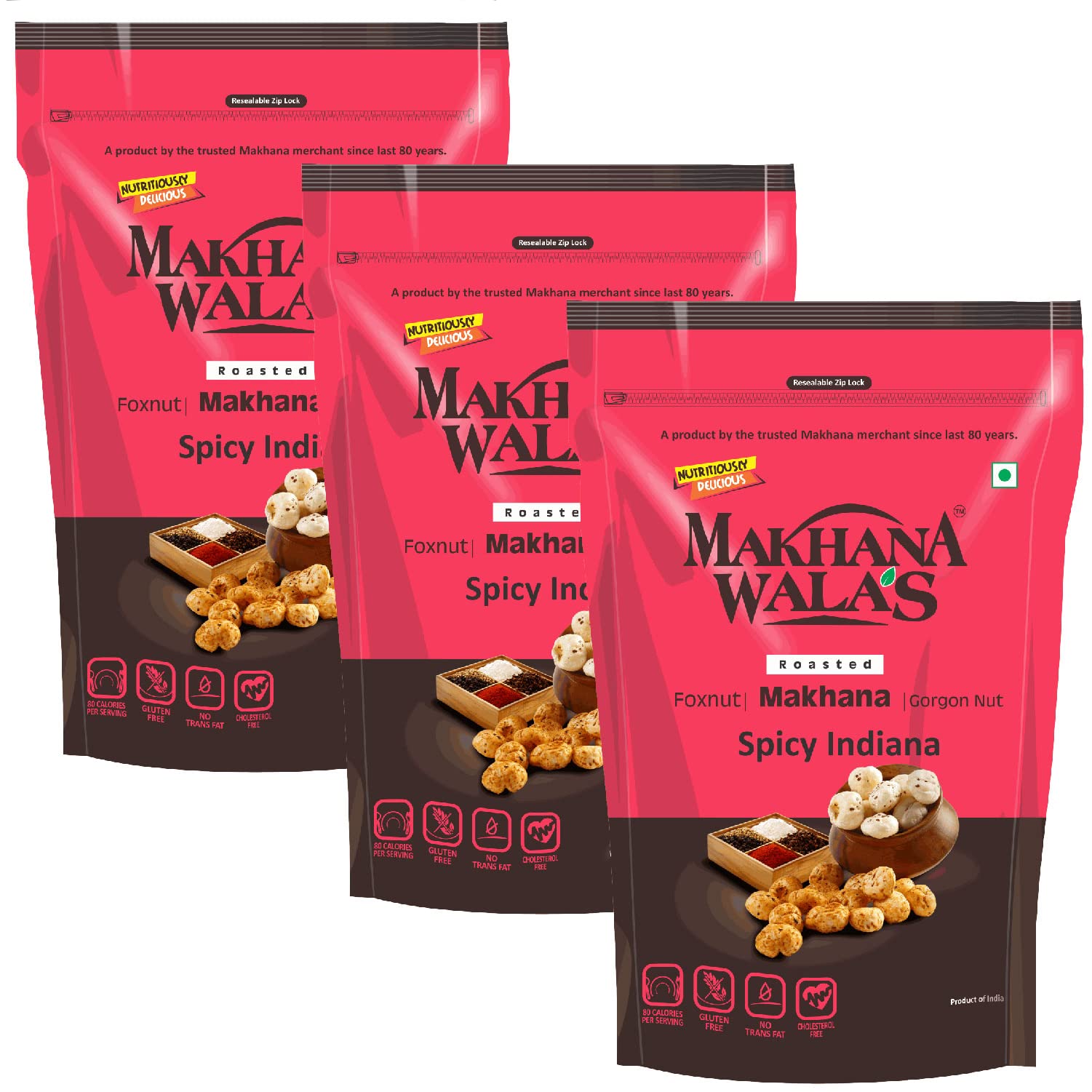 makhanawala's roasted & flavoured makhana (foxnuts) | gorgon nut | gluten free vegan snacks | healthy diet immunity booster snacks | spicy indiana flavored makhana, pack of 3, 70 g each.