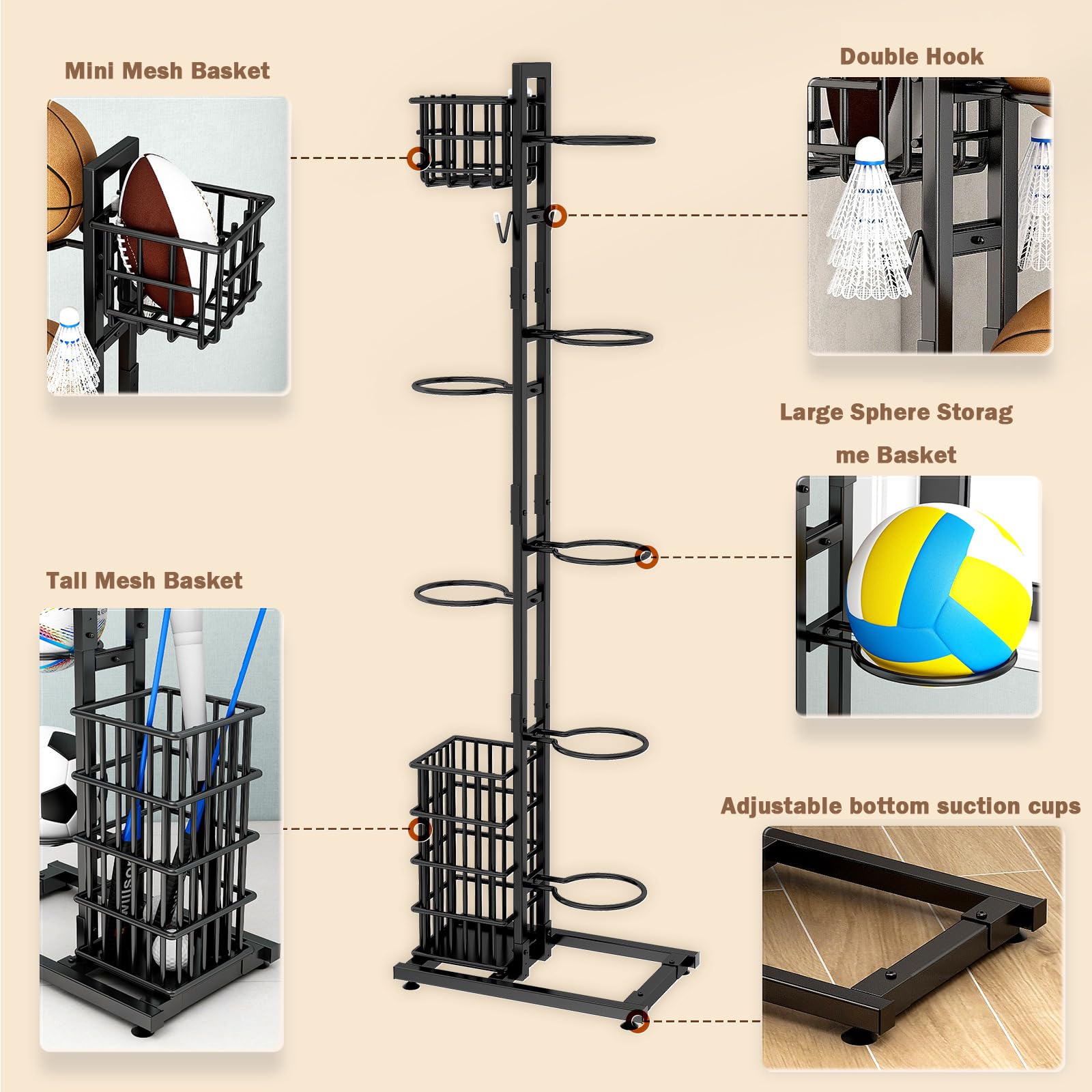 Soporte de bolas para rodamientos verticales rack baloncesto almacenamiento multicapa con cesta y ganchos