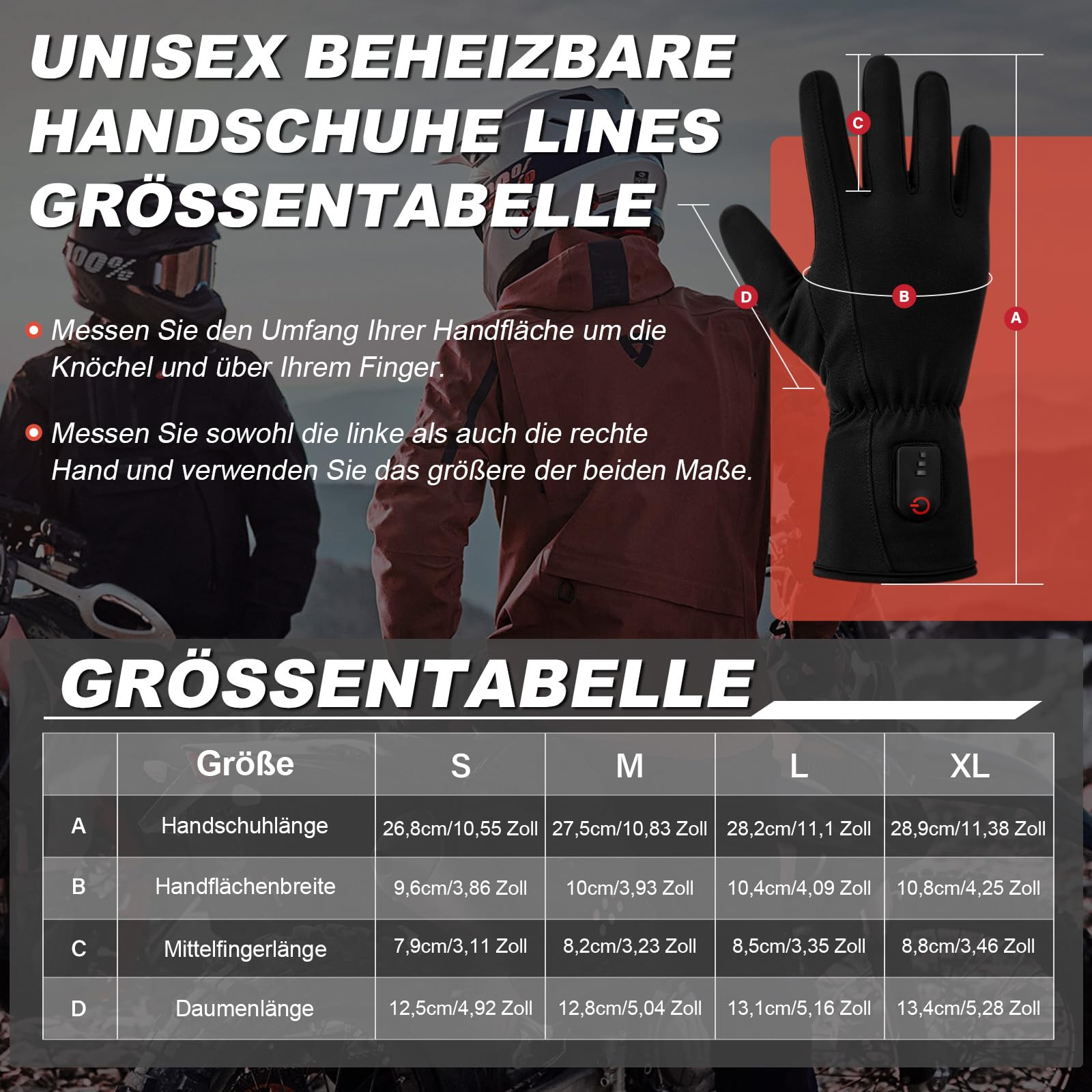 Dr.warm Beheizbare Handschuhe für Herren Damen, Beheizte Winterhandschuhe Dünn Handschuhe mit Heizung, mit TYP C Ladeanschluss für Fahrrad, Walking, Camping, Wandern, Size M Fashion