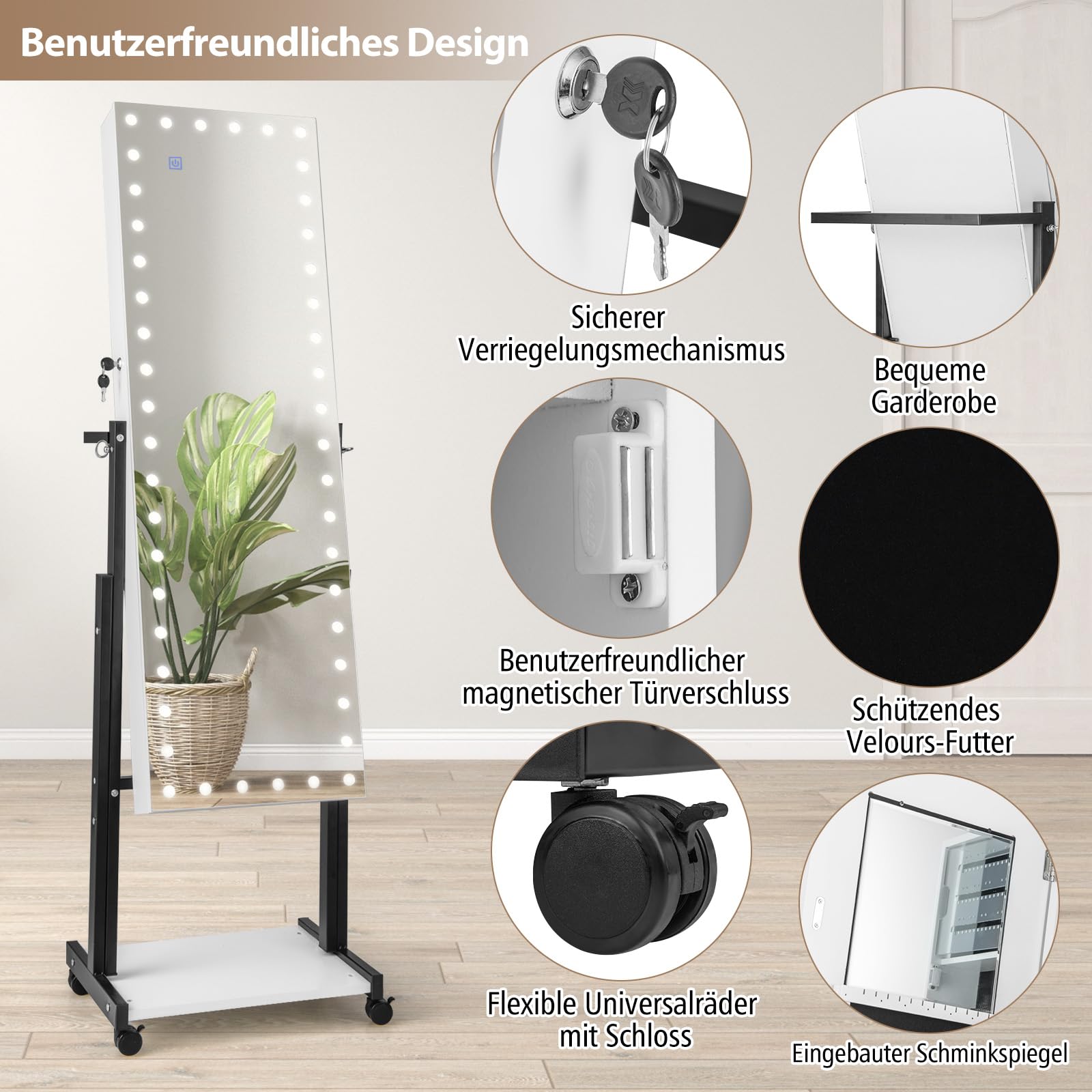 GOPLUS Sieradenkast met full-body spiegel, spiegelkast, sieraden met 3-kleurig ledlicht en plank, afsluitbare sieradenorganizer, sieradenopslag voor slaapkamer, kleedkamer (wit