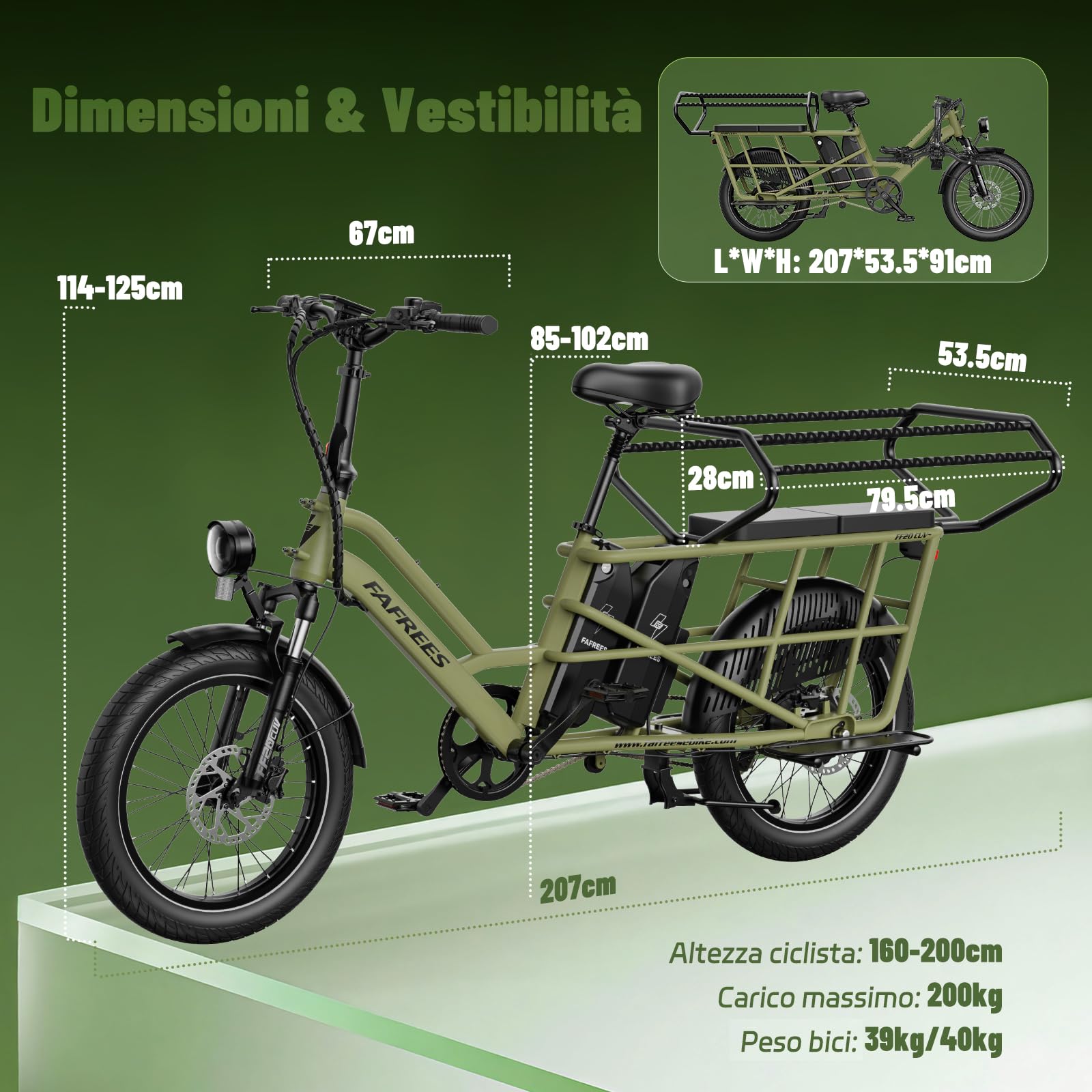 Fafrees FF20 CUV Bici Elettrica Cargo con Sensore di Coppia, Doppia Batteria 48V24Ah, Autonomia Fino a 140km, E-Bike Familiare con Seggiolino Posteriore Carico 200kg, Freni Idraulici, 20x3.0 Fat Tire