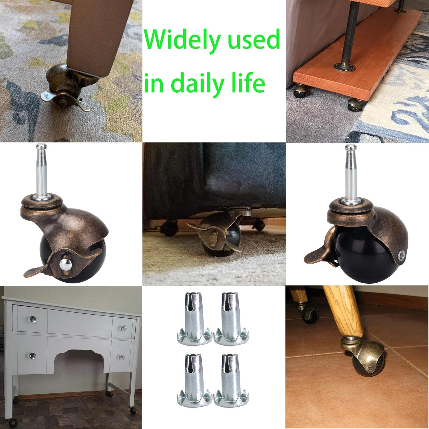DICASAL 2" Swivel Stem Antique Gold Ball Casters Wheels Hooded Caster with 5/16" x 1-1/2" Mounting Wood Stem & Socket Pack of 4 (with Brakes) : Industrial & Scientific