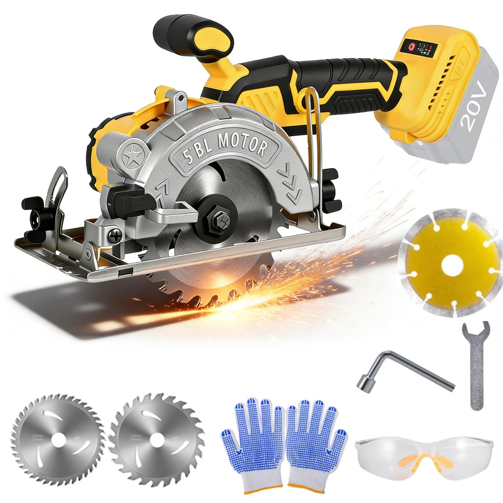Cordless Circular Saw for Dewalt 18V/20V Battery, 5" Brushless Circular Saw with 3 Blades, 0-45° Cutting Angle