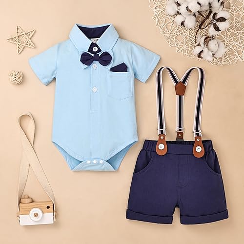 Miniatura 7 de DOMOABEI Ropa para bebé niño, trajes de caballero, camisa de bebé con corbatín y pantalones cortos con tirantes, conjunto de traje para bebé de 0 a