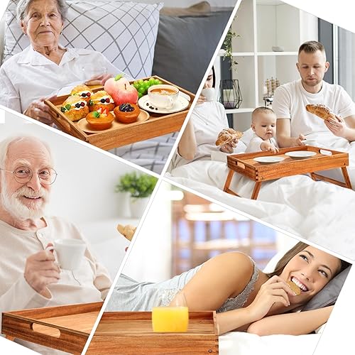 Miniatura 6 de Tatuo Bandeja de mesa de acacia de 3 piezas de 11.5 pulgadas de altura para computadora portátil, bandeja de desayuno de madera para servir