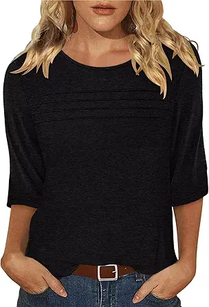 KISSMODA Women's Casual 3/4 Sleeve T-Shirts Round Neck Cute Tunic Tops Basic/Pleated Summer Tops Trendy Spring Blouses